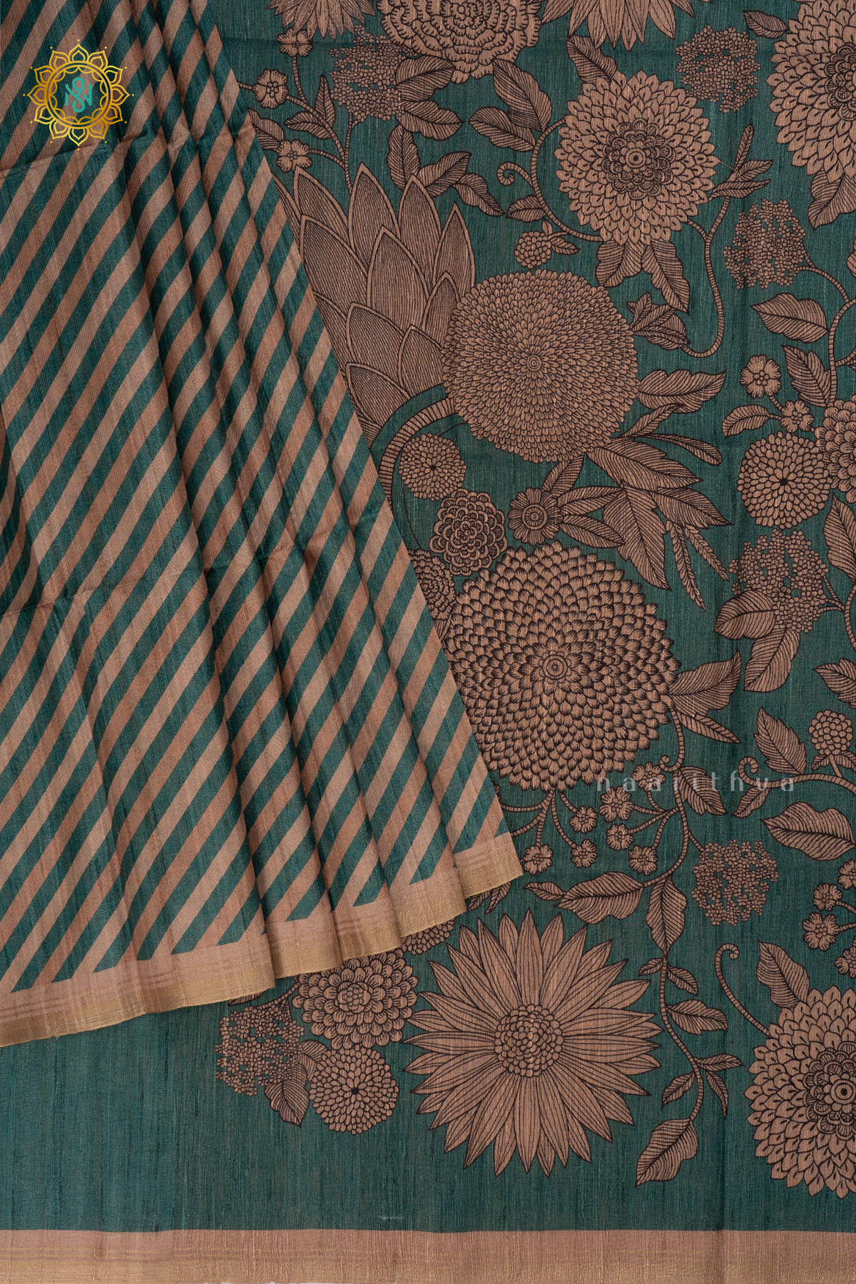 Cyan green Semi Tussar Silk Saree allover Printed Body,Pallu and