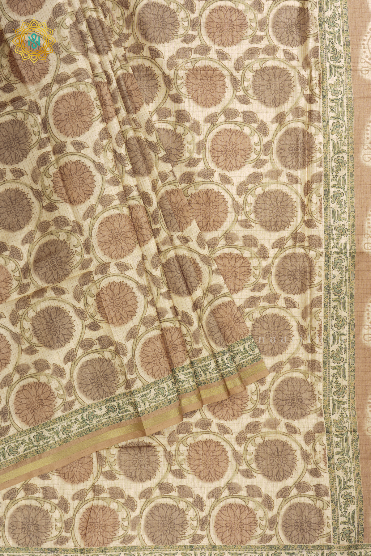 BEIGE WITH LIGHT BROWN - SEMI TUSSAR SILK SAREE PRINTED BODY WITH TISSUE BORDER