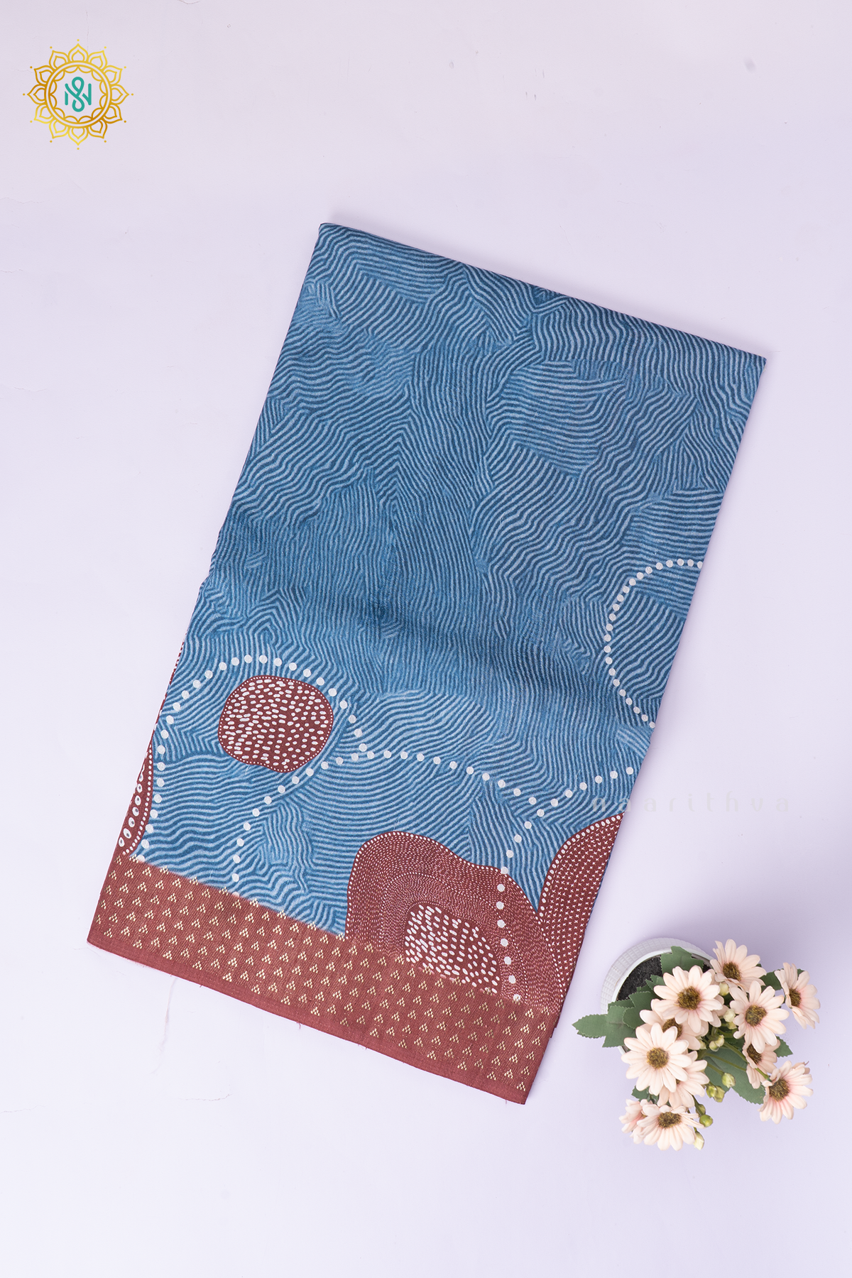 Aqua Blue With Maroon Semi Cotton Tussar Saree with Printed Body & Contrast Pallu