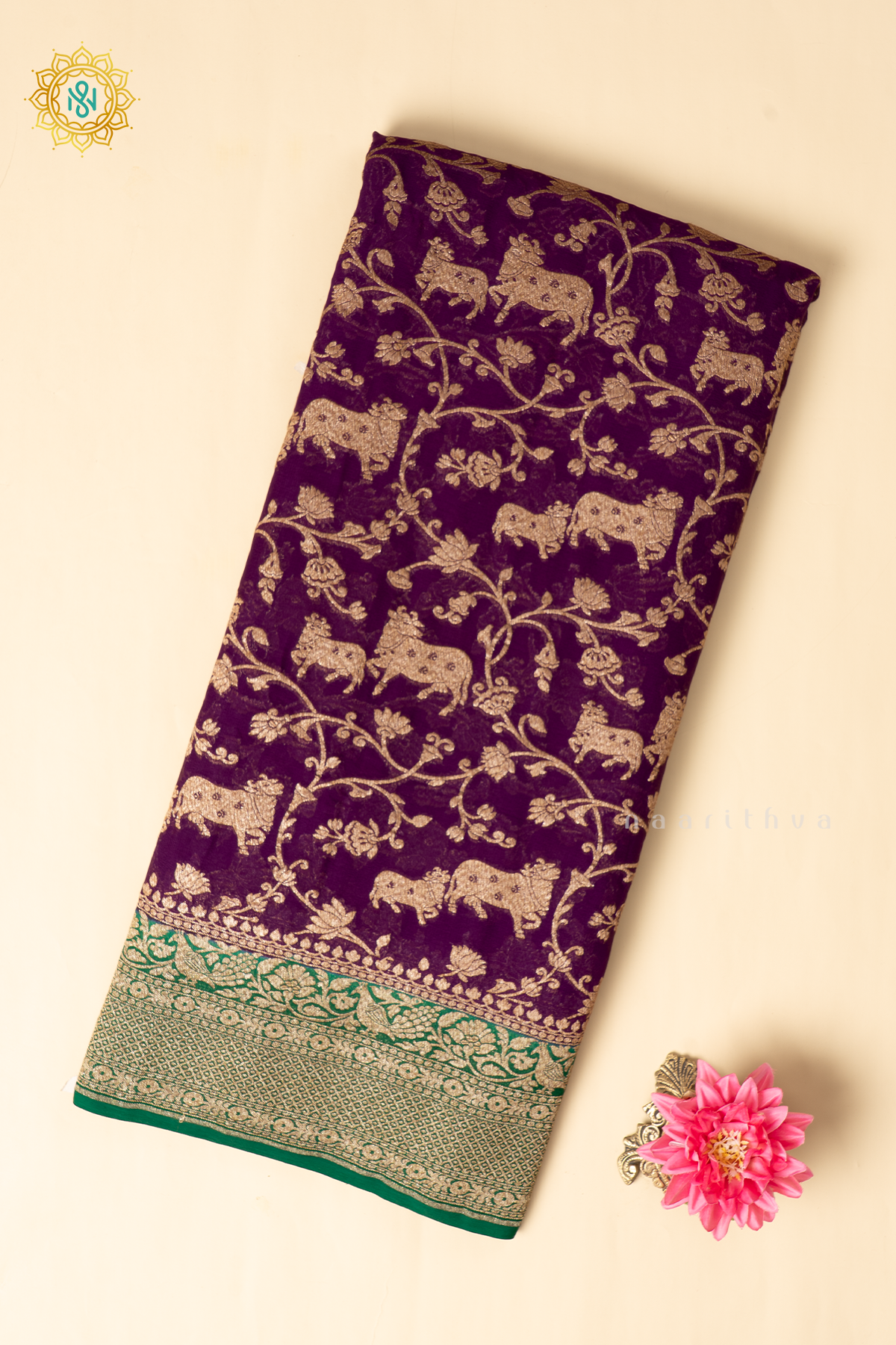 Purple With Green Pure Banarasi Khaddi Georgette Allover Antique Zari Brocade Weaves On The Body With Contrast Zari Border & Pallu