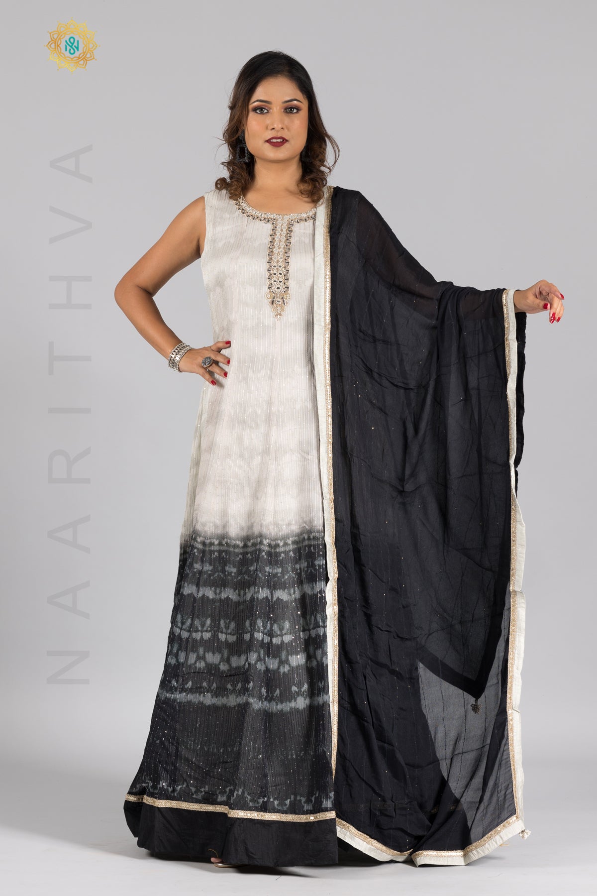WHITE & BLACK - PARTY WEAR GOWN WITH NECK EMBROIDERY & DUPATTA