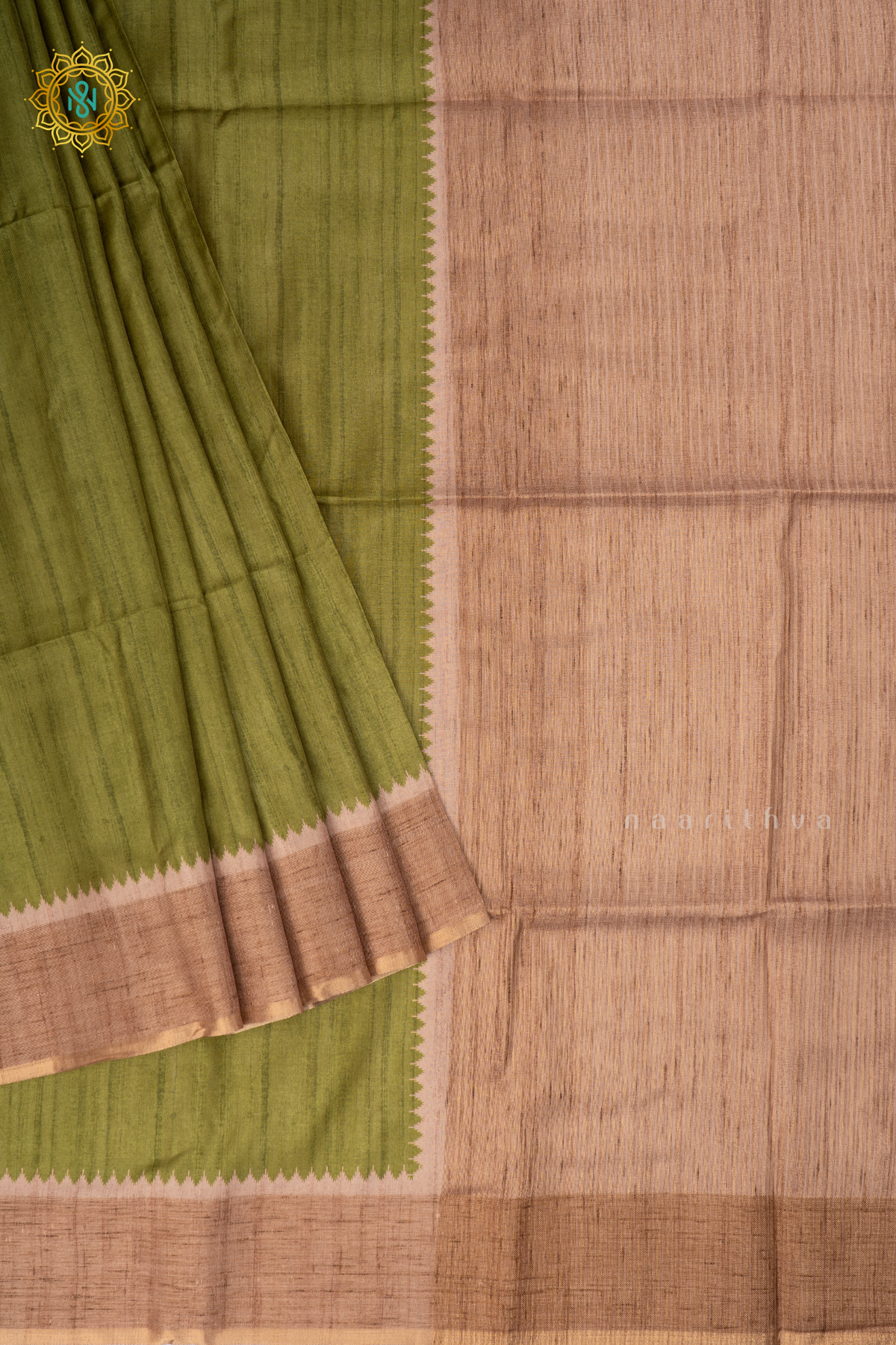 Green with Beige - Semi Tussar Silk saree Allover Plain Body with Contrast Border, Pallu and Blouse