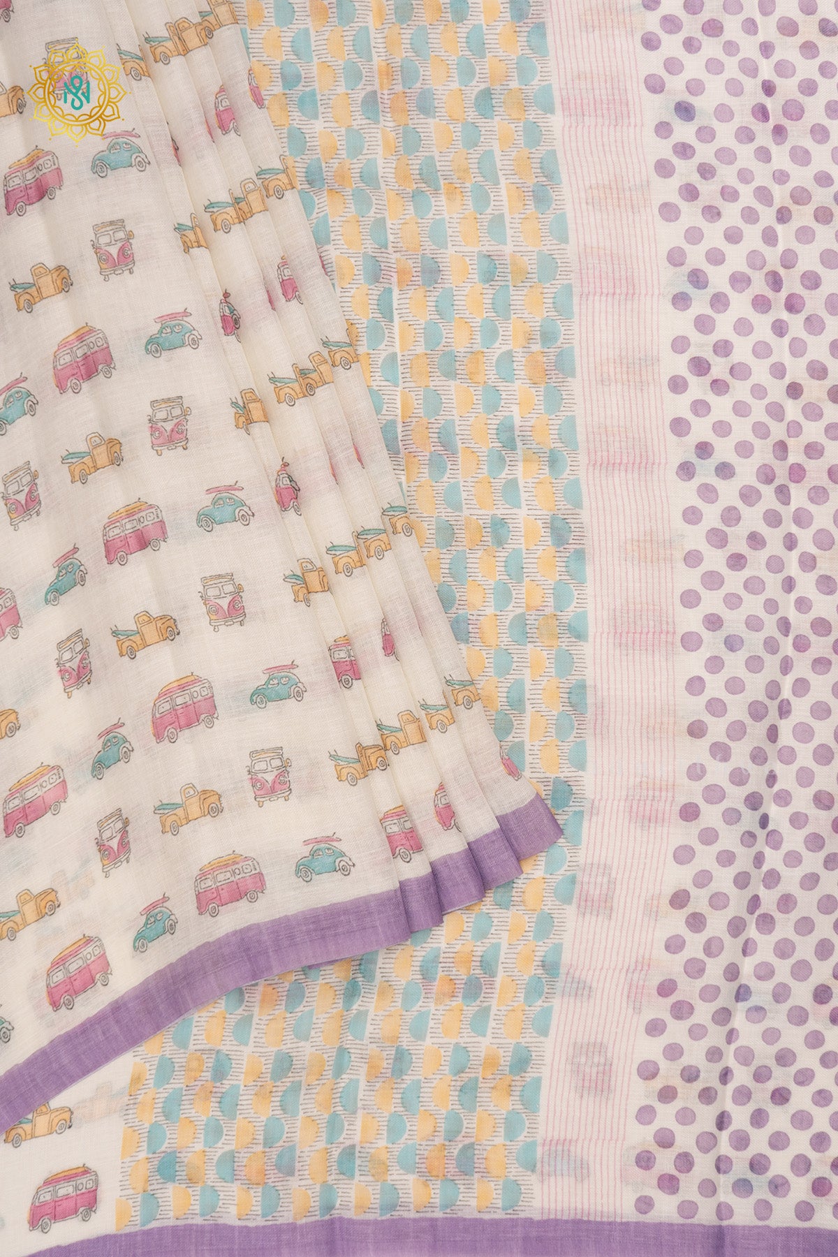 White with Lavender Linen Cotton Saree with Allover Pastel Vintage Vehicle Prints and Contrast Border