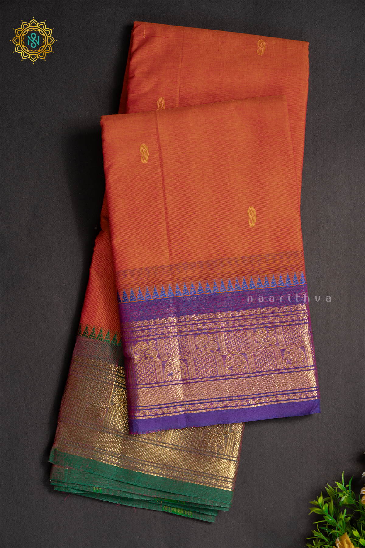 ORANGE WITH PURPLE & GREEN - CHETTINAD COTTON