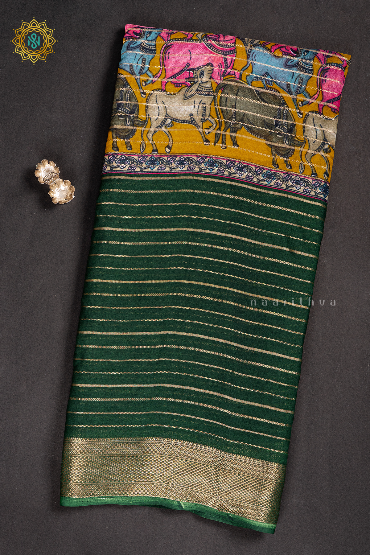 BOTTLE GREEN WITH YELLOW - SEMI GEORGETTE
