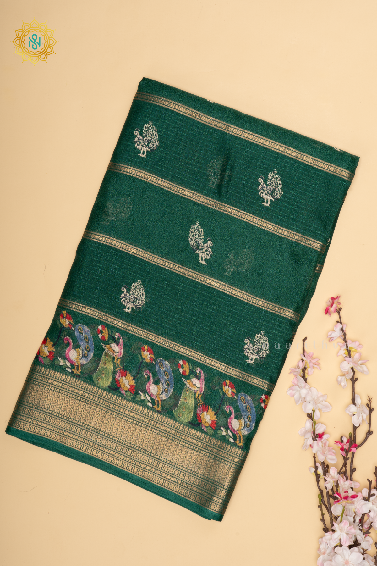 Bottle Green - Semi Georgette Saree Allover Printed Buttas And Zari Border