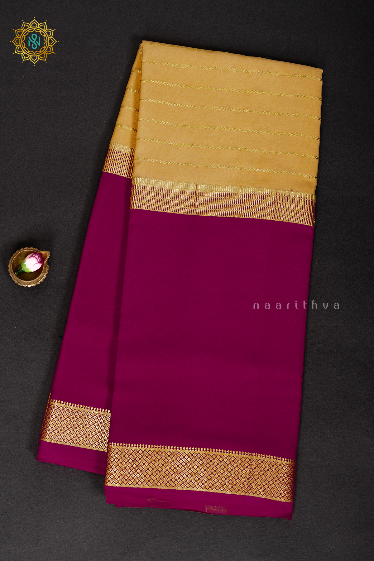 LIGHT BISCUIT WITH PINK - PURE MYSORE CREPE SILK