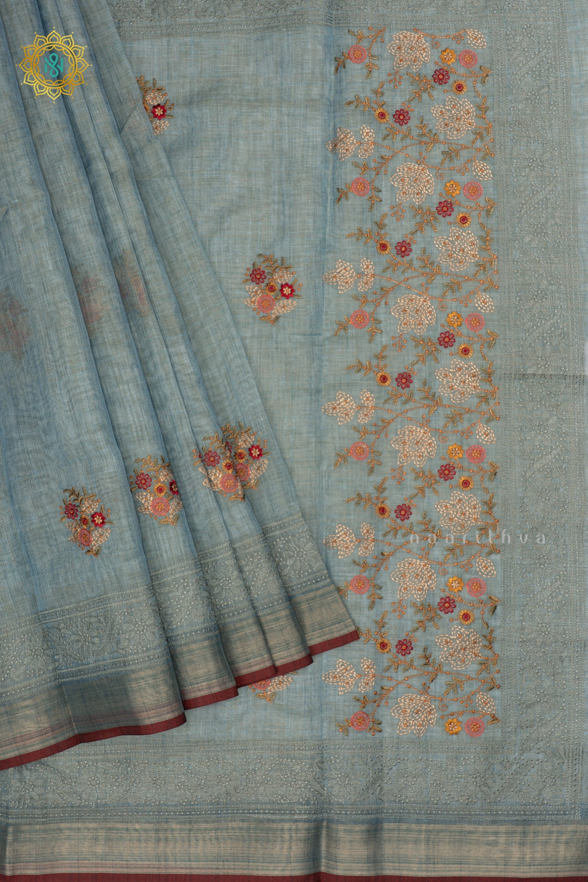 Blue - Linen Tissue Saree Allover Thread Work Buttas with Tissue Border