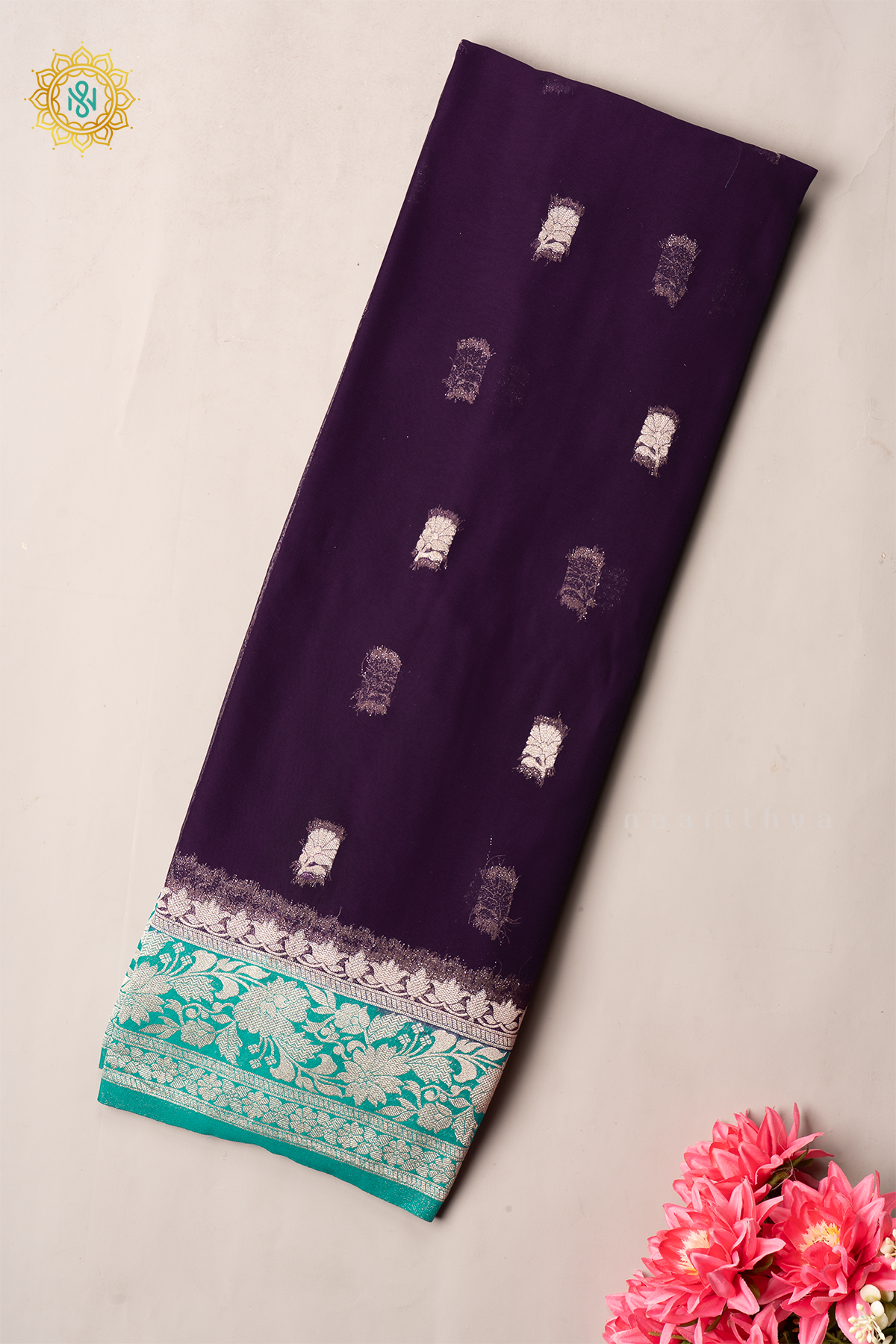 PURPLE WITH AQUA GREEN - SEMI CHIFFON BANARASI