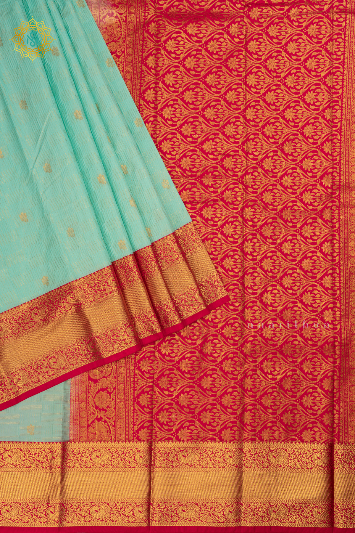 Aqua Blue with Pink Semi Kanchi Saree With Zari Buttas All Over And Contrast Zari Border