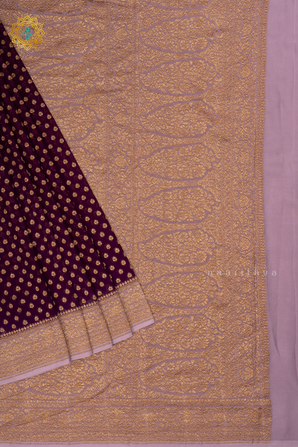 Wine with Lavender - Pure Banarasi Georgette Saree Allover Zari Buttas with Contrast Zari border