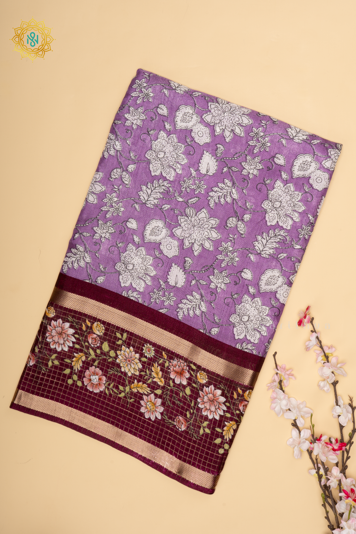 Lavender With Deep Wine Dola Silk Saree With Printed Body And Contrast Zari Checks Border