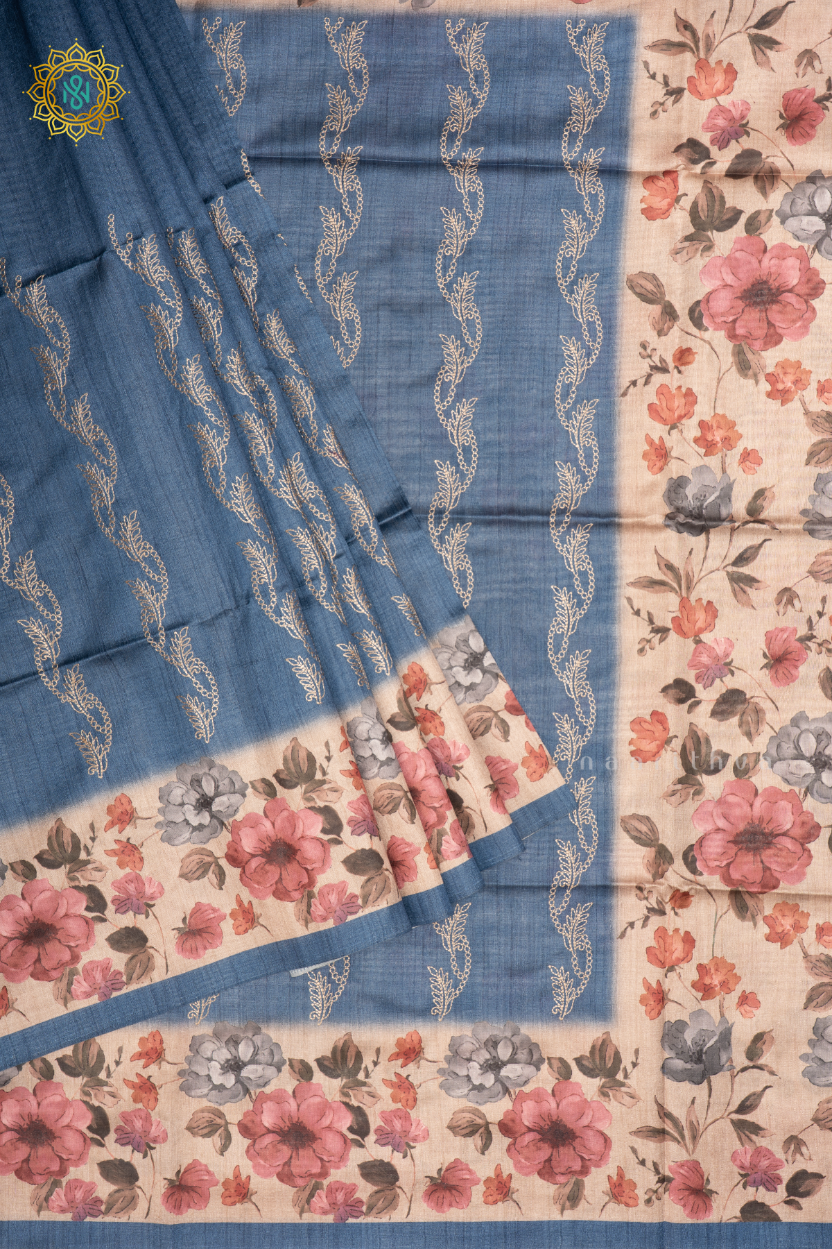 BLUE WITH BEIGE - SEMI TUSSAR SILK