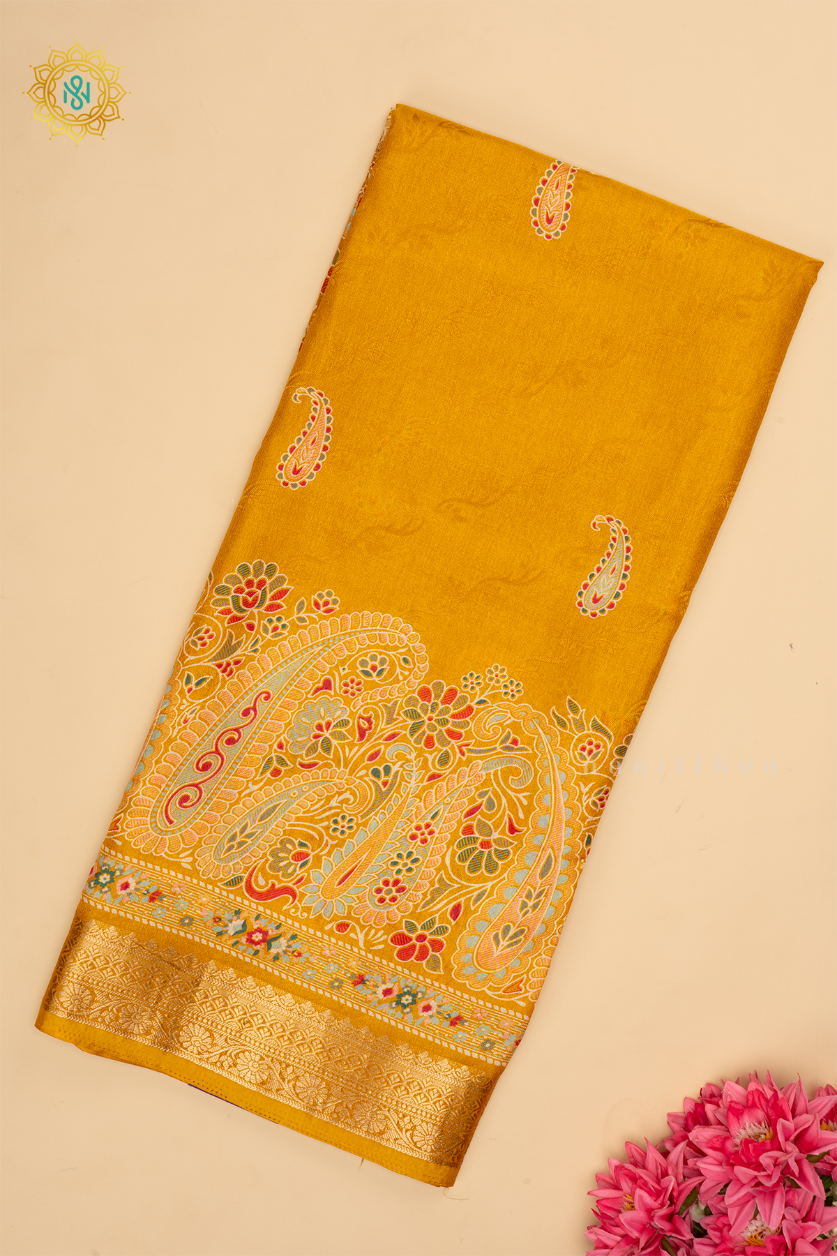 Yellow - Semi Georgette Saree Printed Body With Zari Border