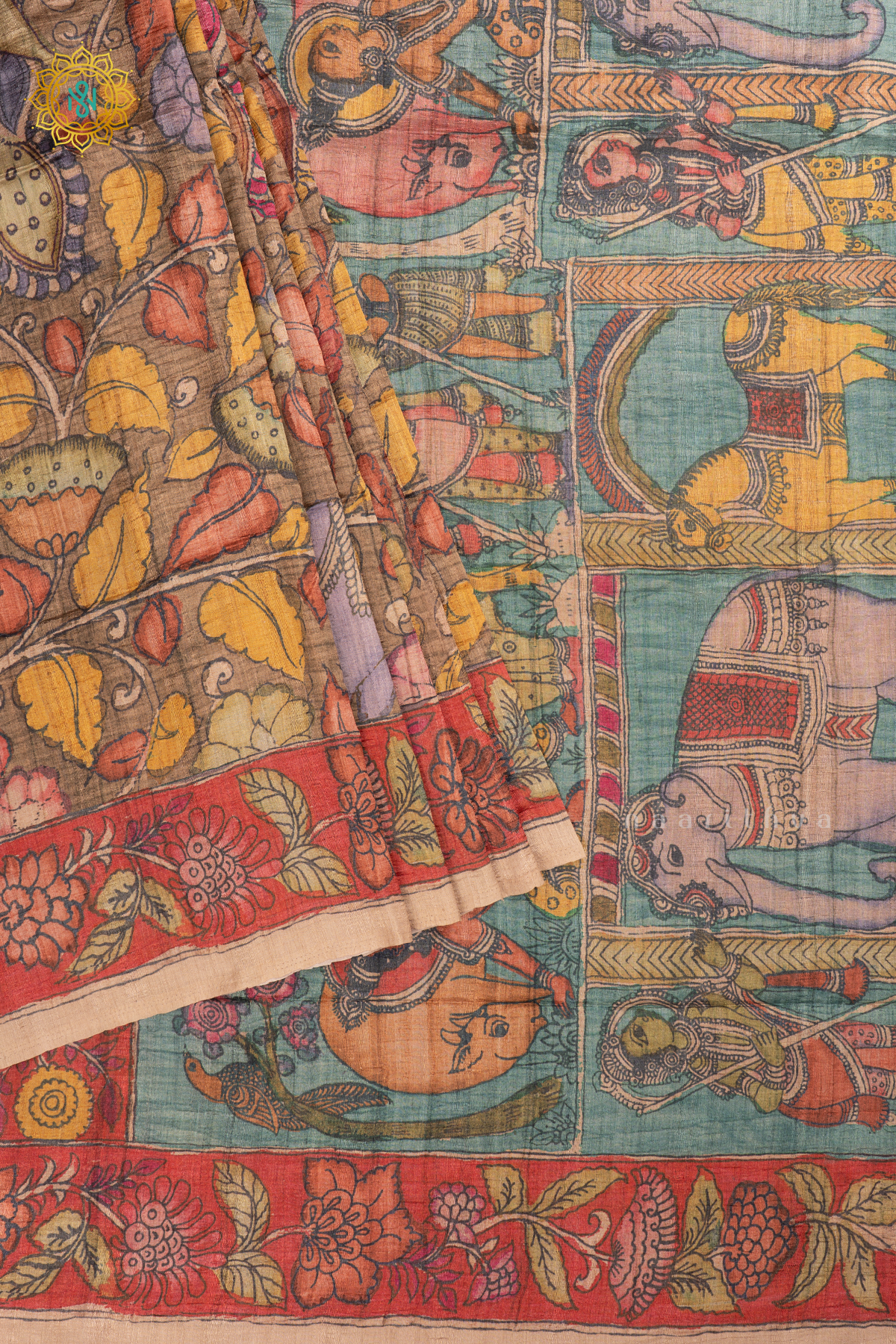 Light Brown With Aqua Green - Semi Gicha Tussar Saree Allover Kalamkari Printed Body With Pallu And Blouse