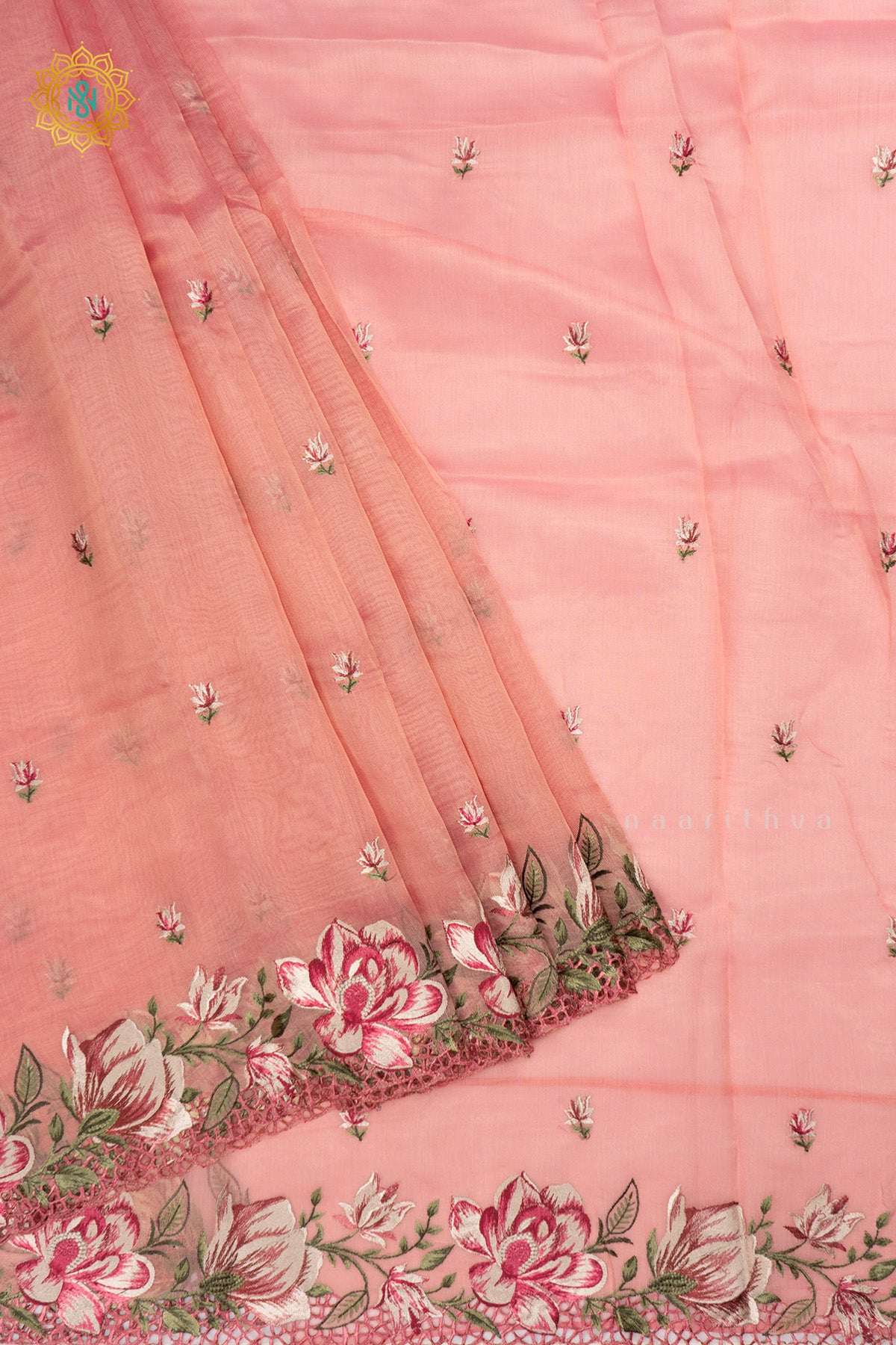 Light Pink Organza Tissue Saree Allover Embroidery Buttas with Cutwork and Embroidery Border