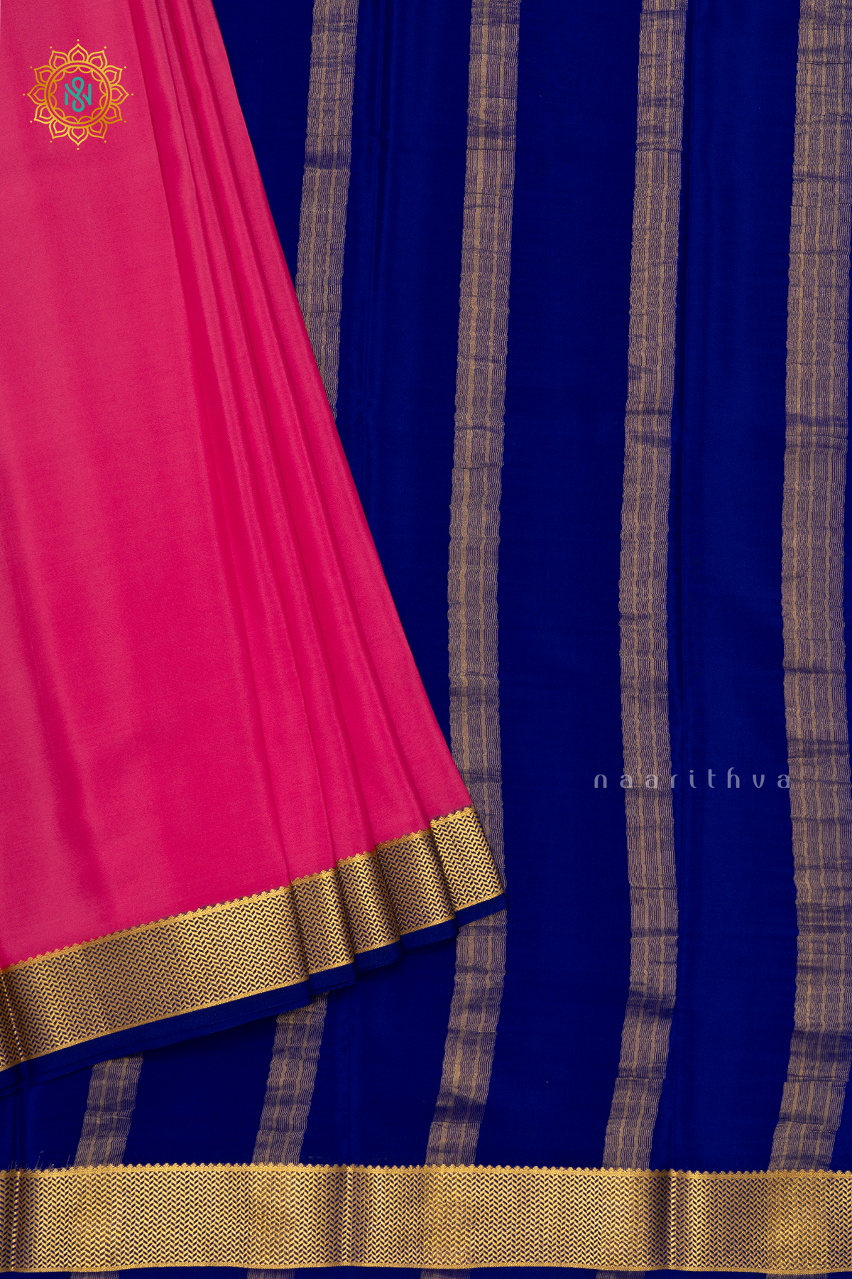 PEACHISH PINK WITH BLUE - PURE MYSORE CREPE SILK