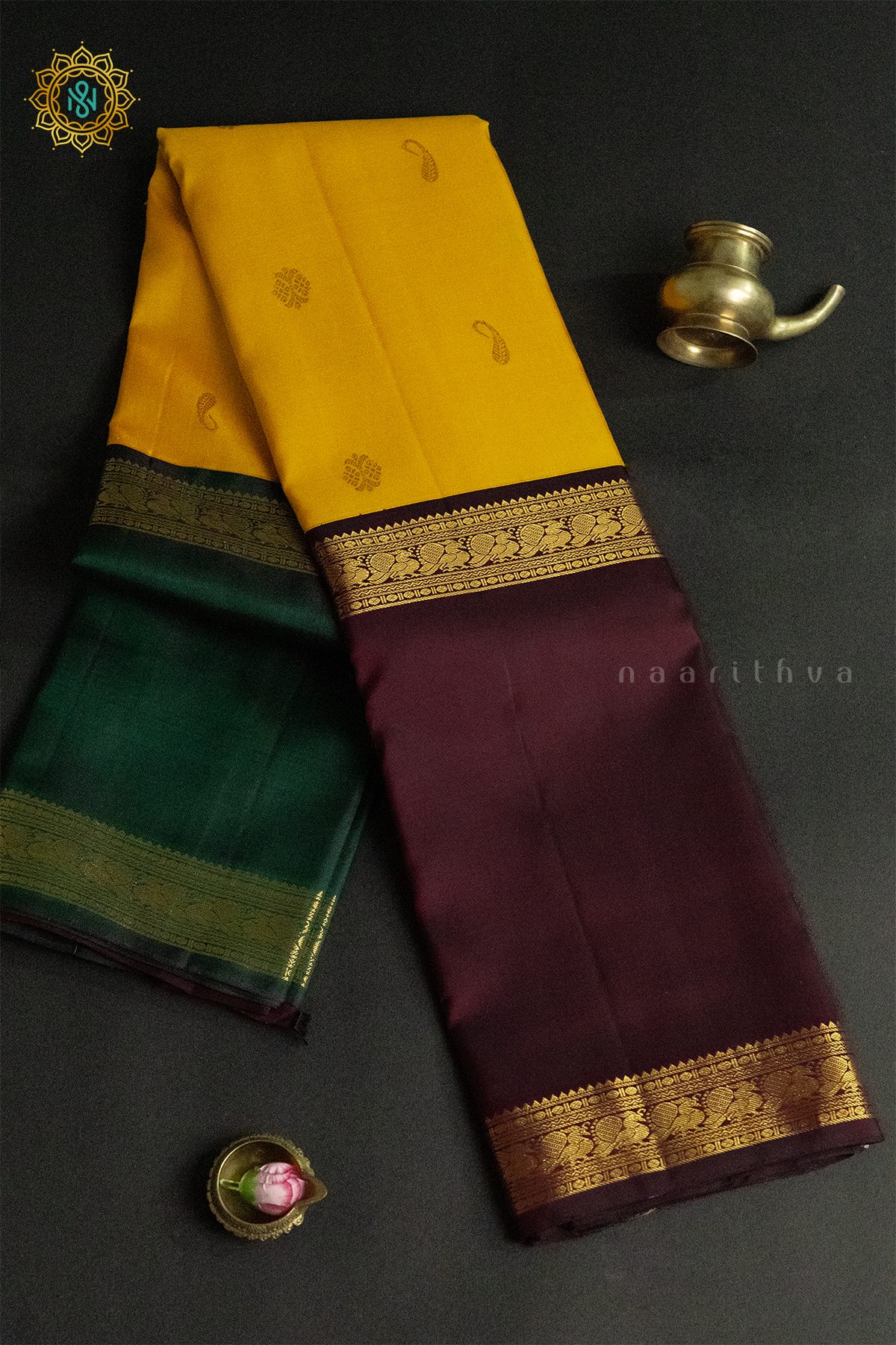 YELLOW WITH GREEN & MAROON - PURE KANJIVARAM SILK