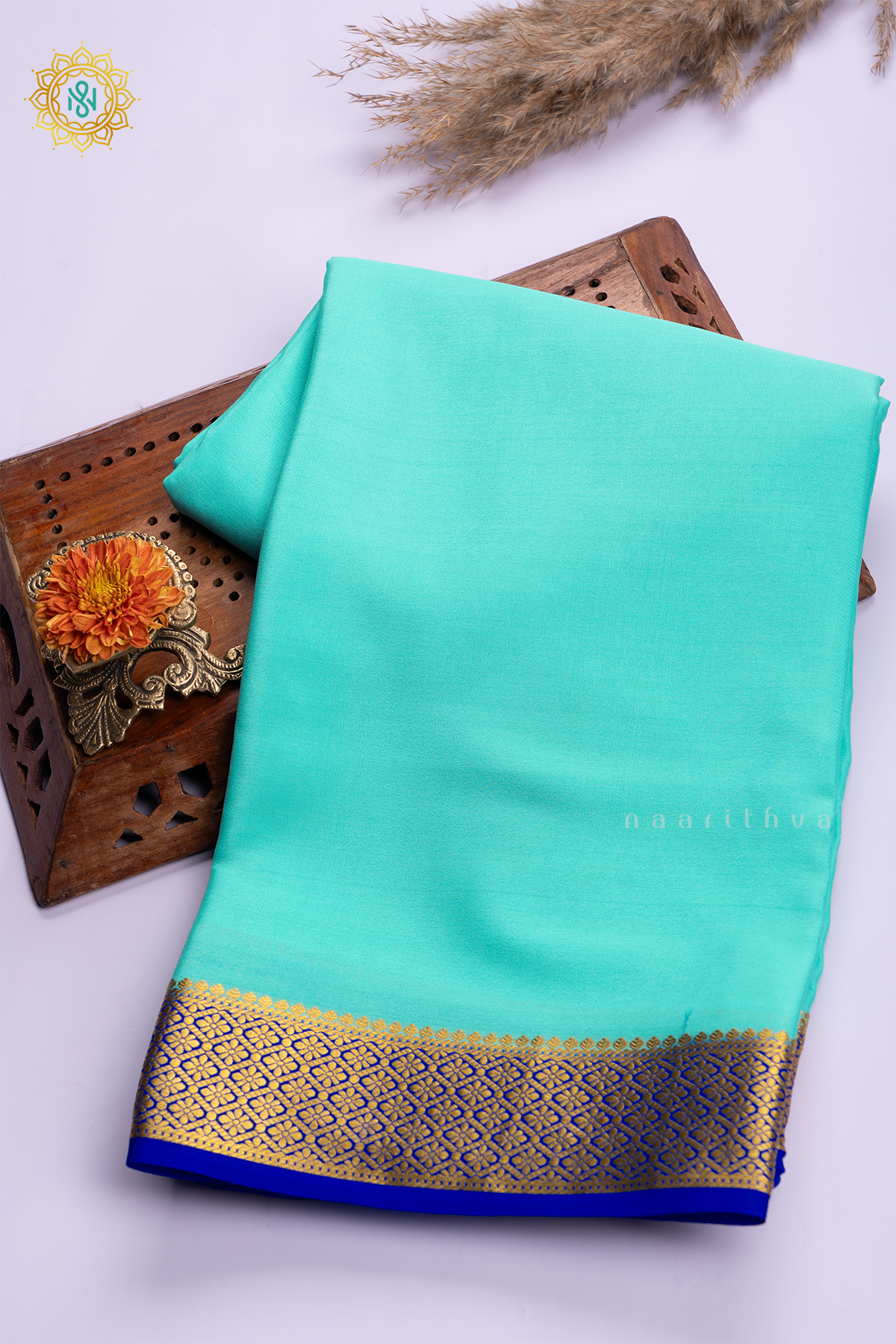 AQUA BLUE WITH ROYAL BLUE - PURE MYSORE CREPE SILK