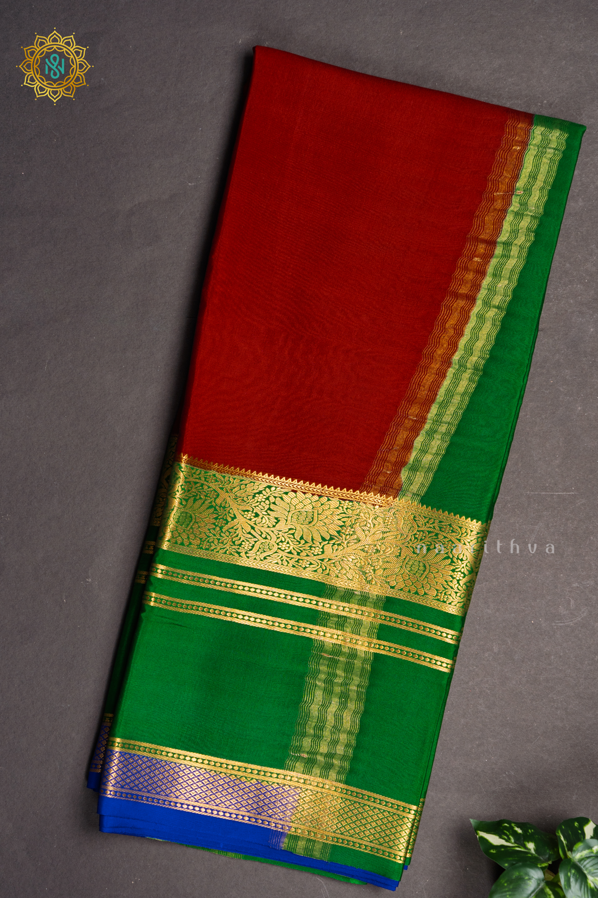 MAROON WITH GREEN & BLUE - PURE MYSORE CREPE SILK