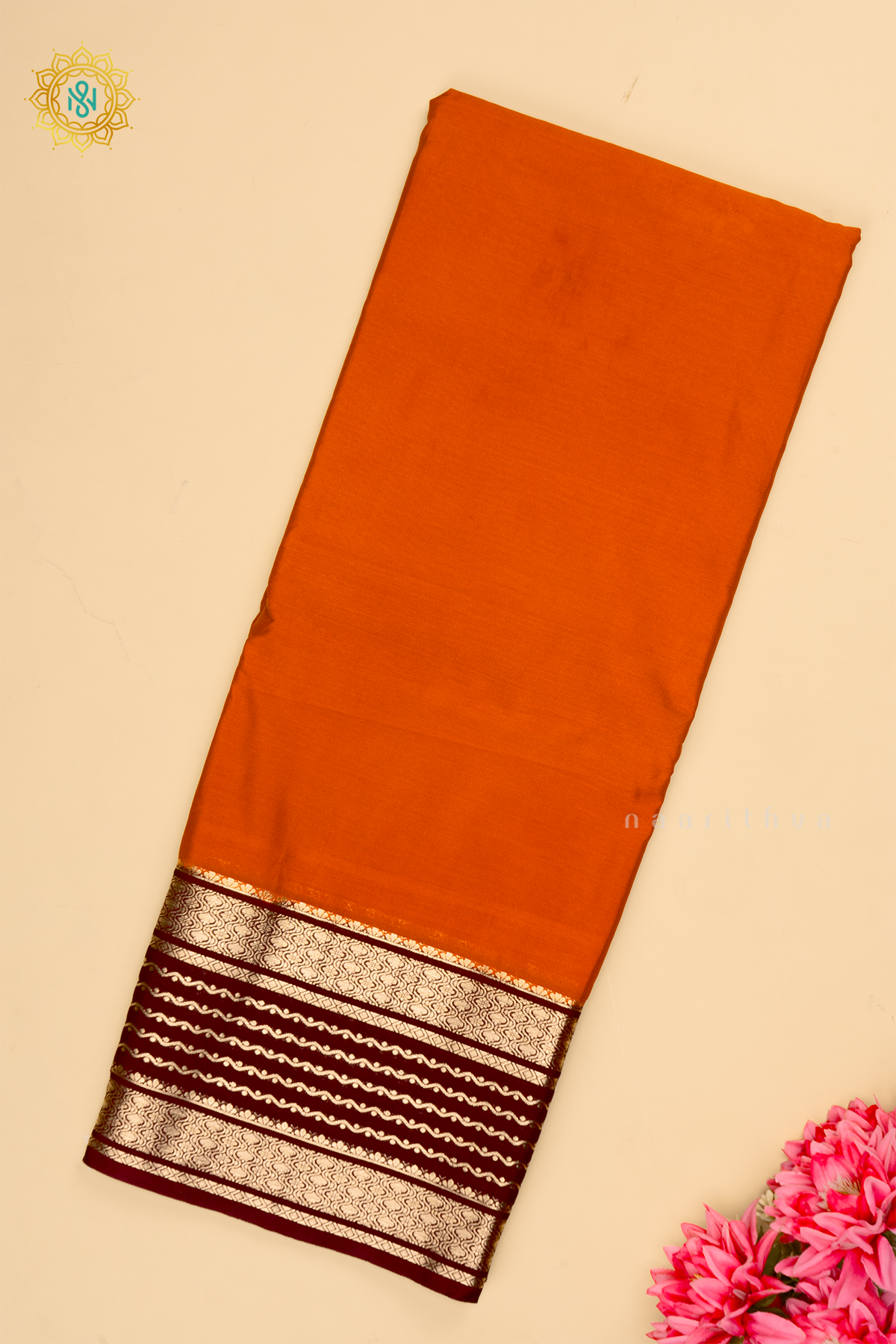 Rust Orange with Brown - Semi Crepe Silk Saree with Allover Plain Body with Contrast Zari Border, Pallu and Blouse