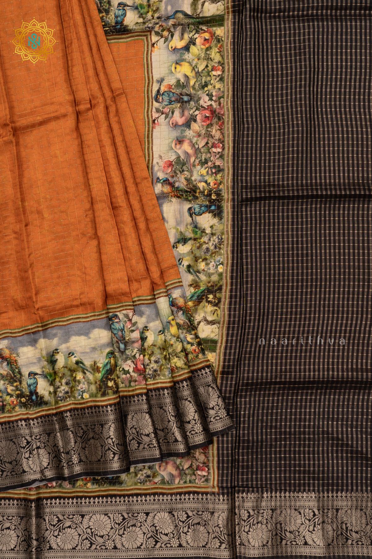 ORANGE WITH BLACK - SEMI CREPE SILK