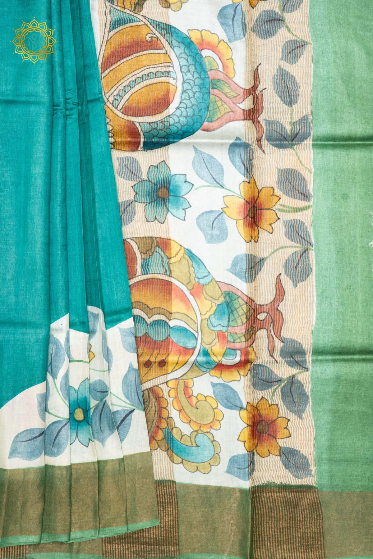 AQUA GREEN WITH LIGHT GREEN - PURE TUSSAR SILK WITH HAND PAINTED