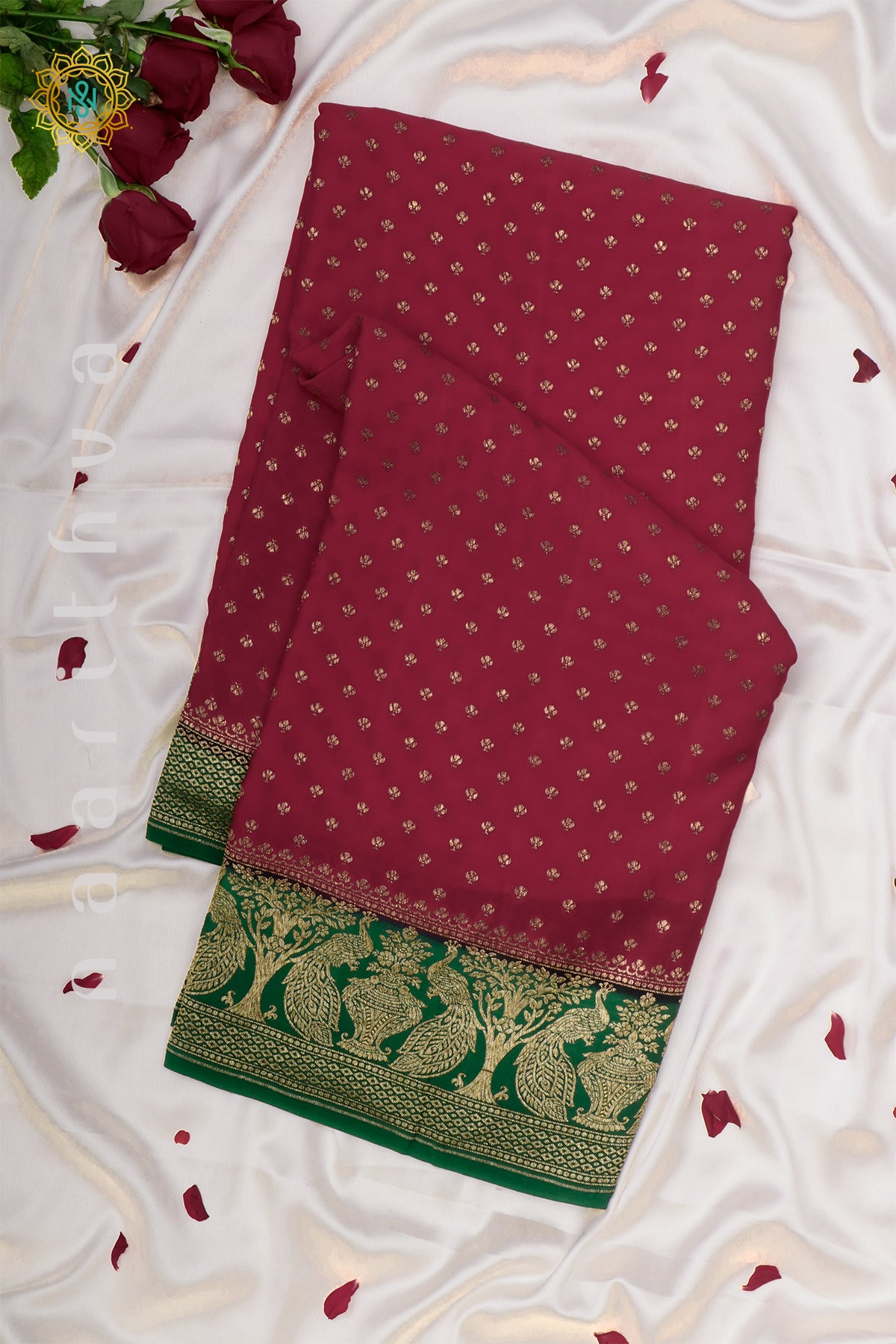 RED WITH GREEN - PURE BANARASI CREPE SILK