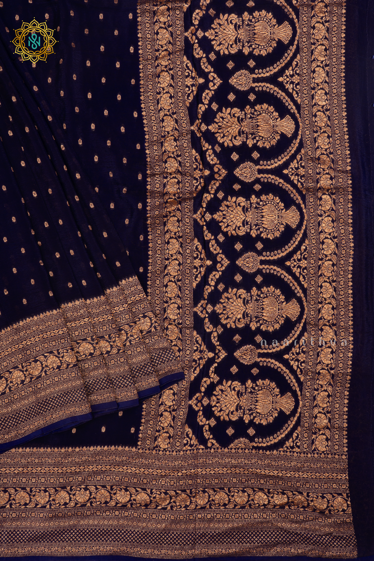 Navy Blue Semi Banarasi Crepe Silk Saree with All-Over Zari Buttas and a Zari Border