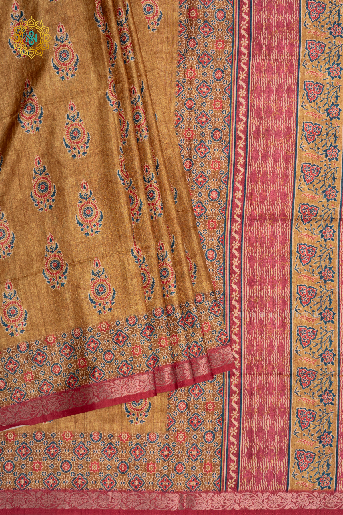 YELLOW WITH PINK - SEMI TUSSAR SILK SAREE PRINTED BODY WITH CONTRAST BORDER