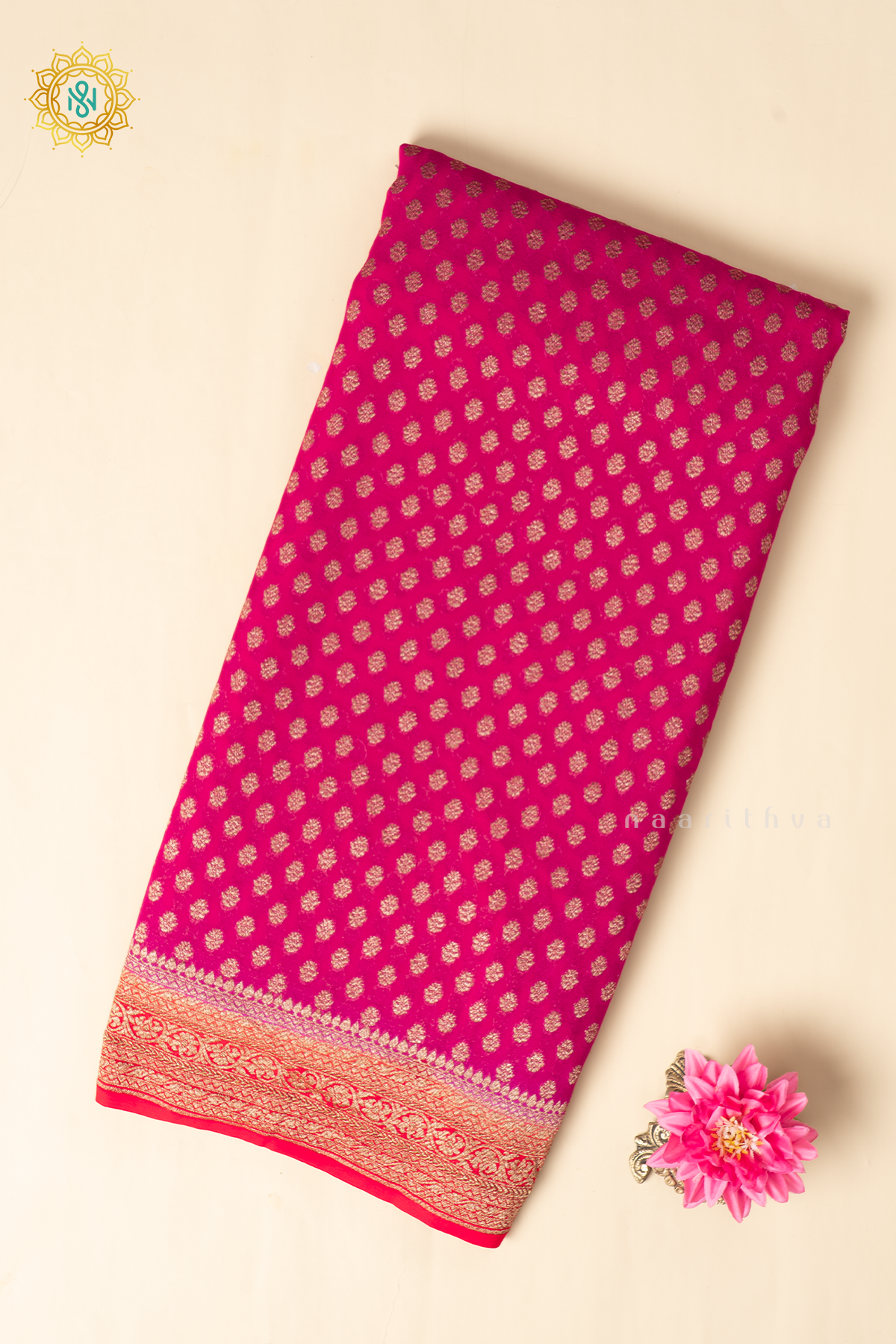 Pink With Orange Pure Banarasi Khaddi Georgette Allover Antique Zari Buttas On The Body With Contrast Zari Border & Pallu