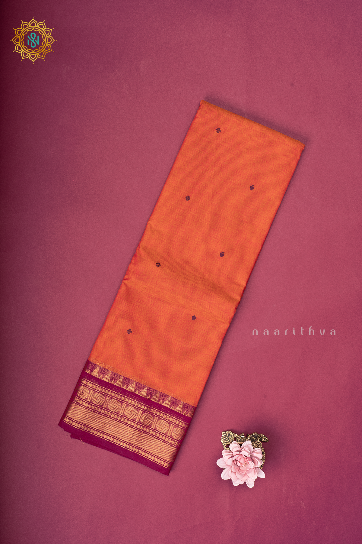 Orange With Magenta Chettinad Cotton Saree With Thread Woven Buttas & Contrast Border