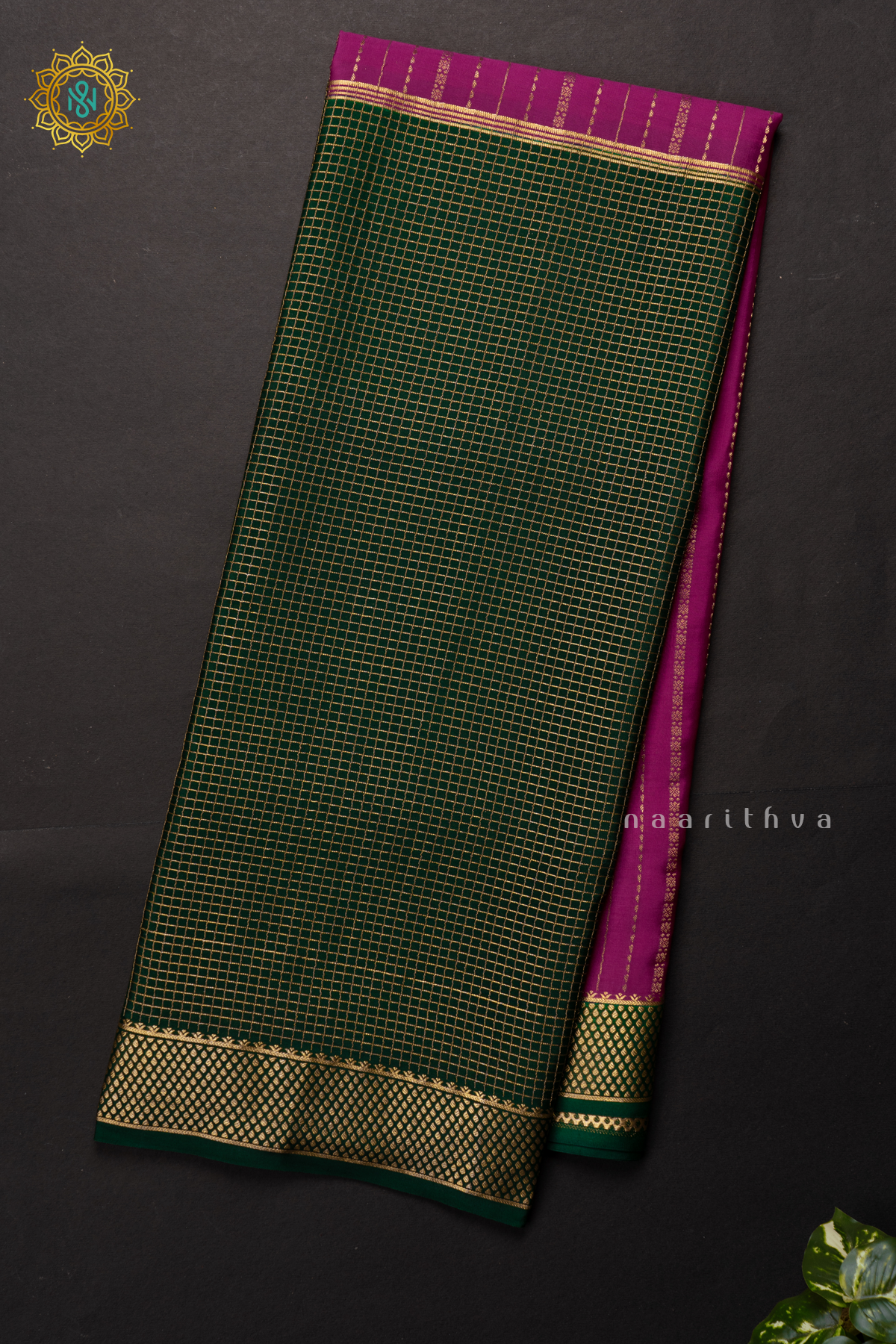 BOTTLE GREEN WITH PINK - PURE MYSORE CREPE SILK