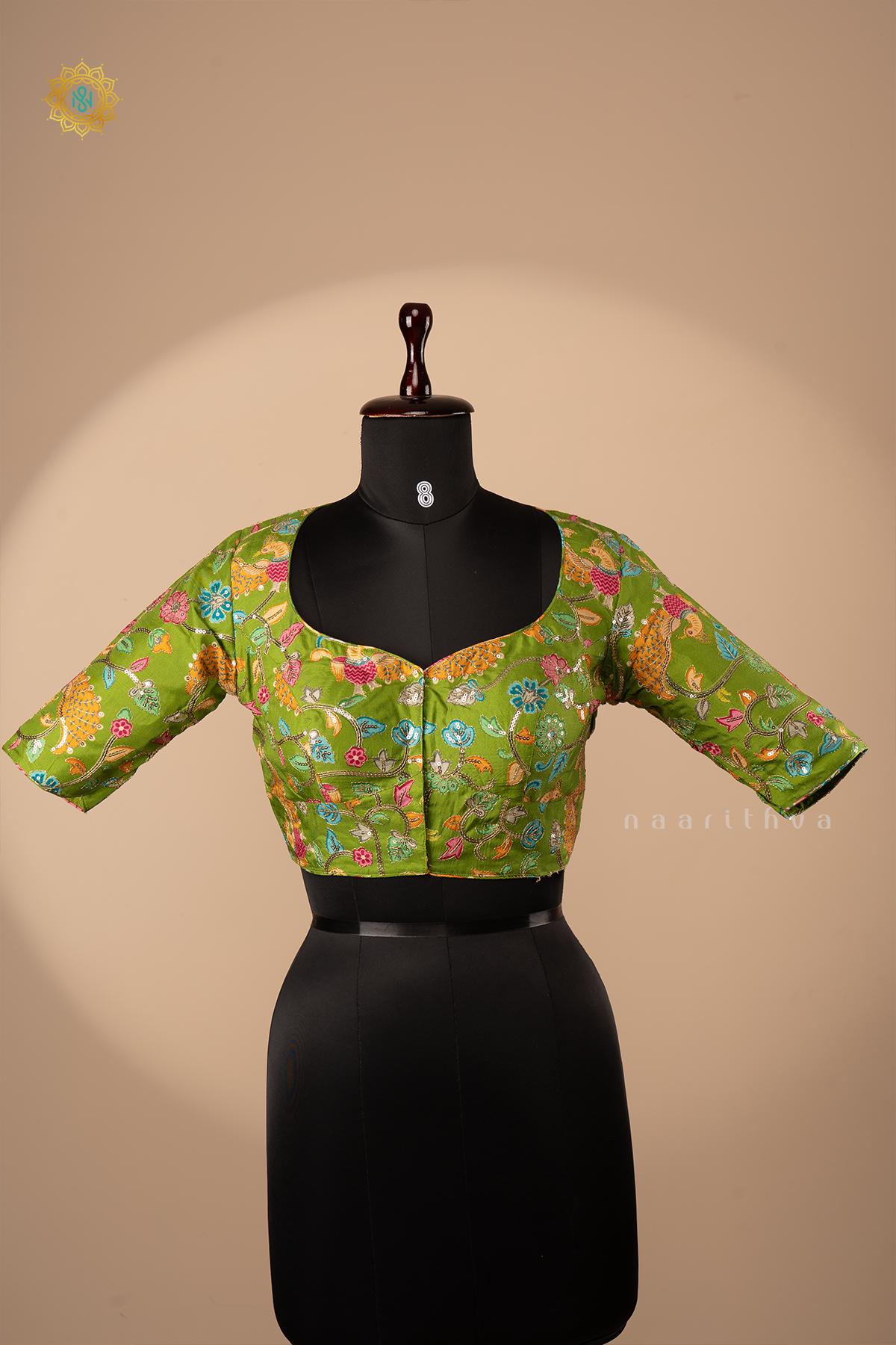 PARROT GREEN - DOLA SILK READYMADE BLOUSE WITH POSITION PRINTS & AARI WORK