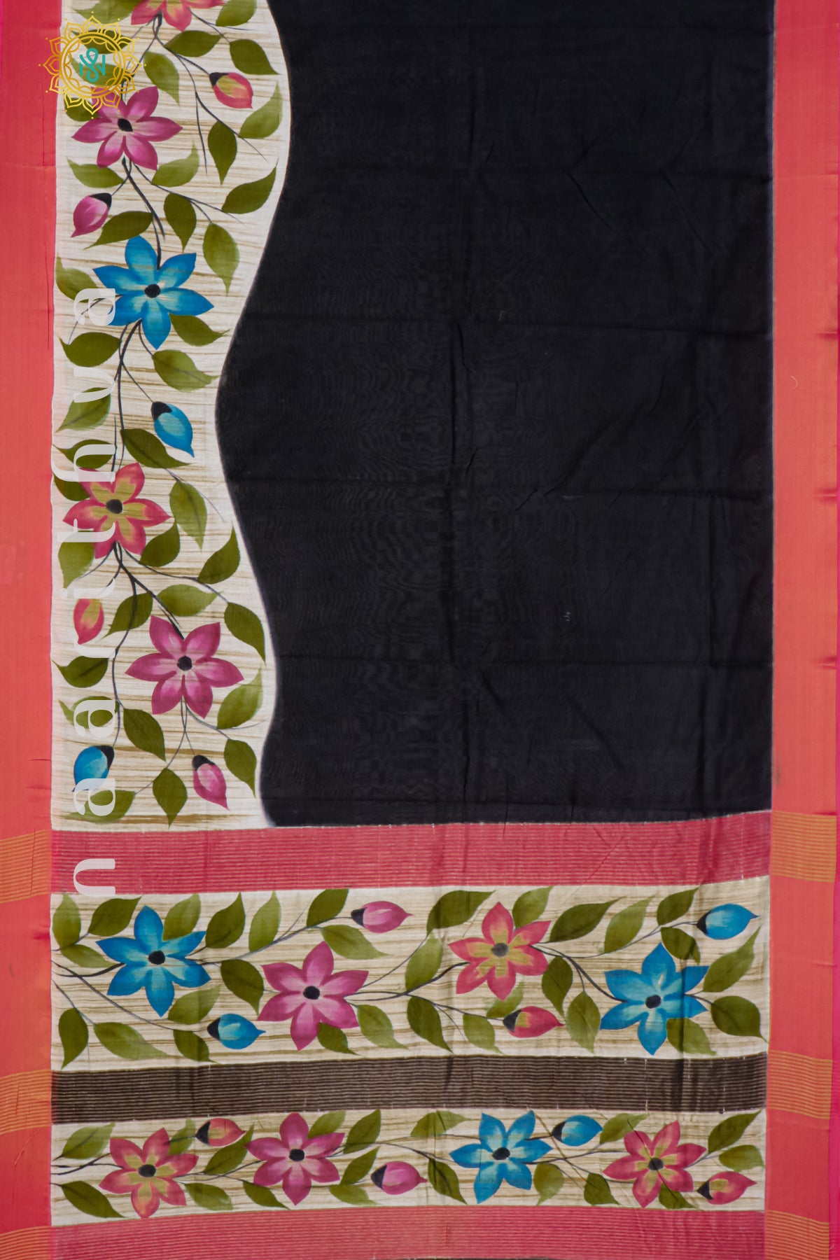 BLACK WITH PINK - CHANDERI SILK WITH HAND PAINTED