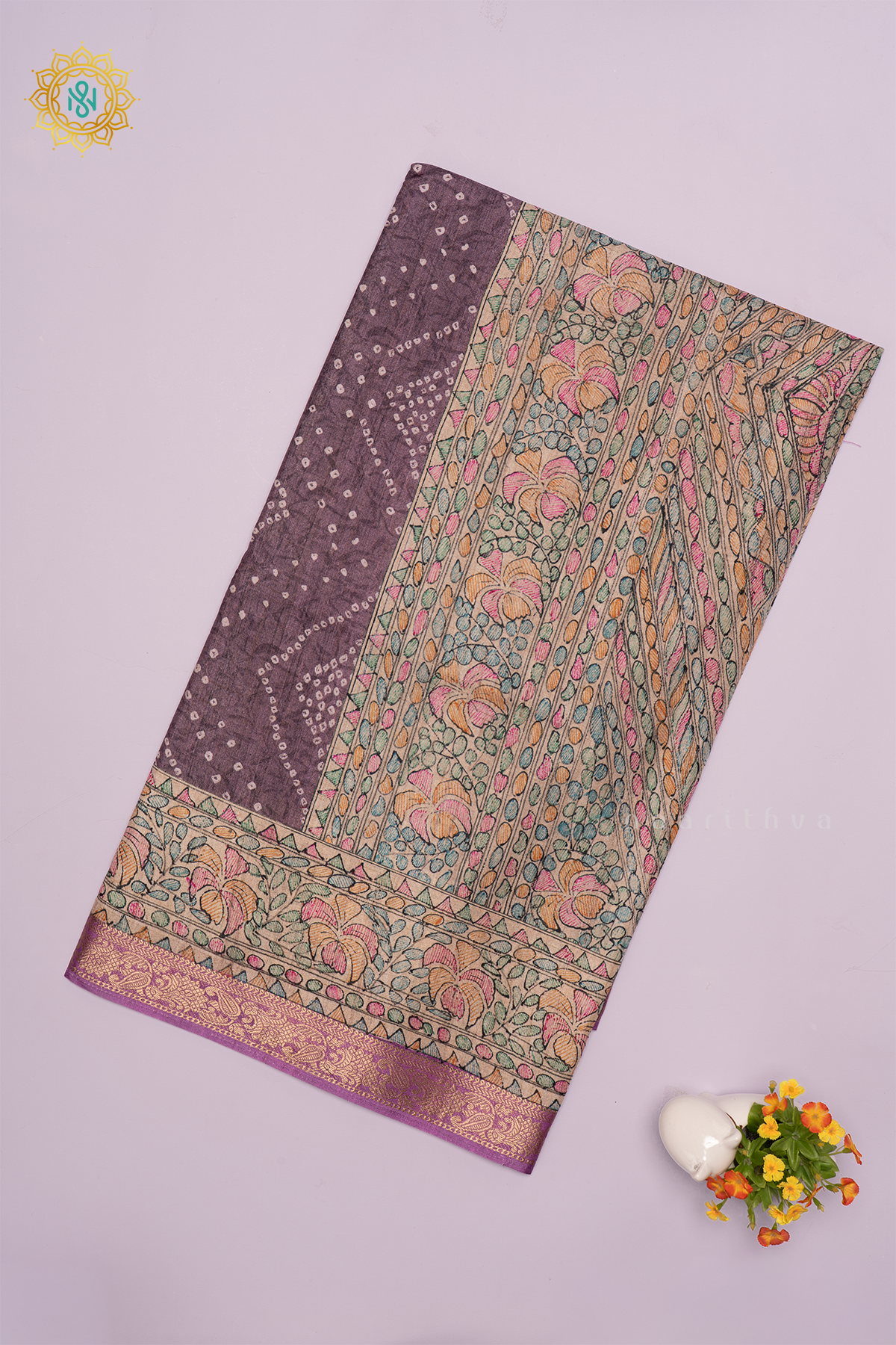 Lavender With Pinkish Lavender Linen Tussar Saree With Printed Body