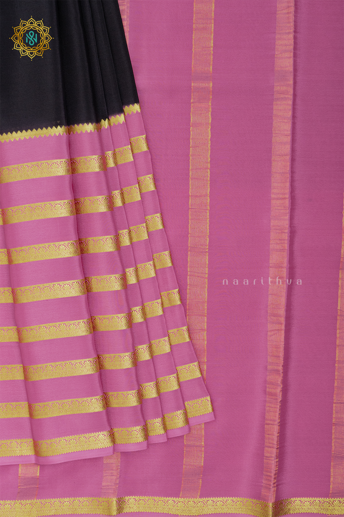 BLACK WITH PEACHISH PINK - PURE MYSORE CREPE SILK