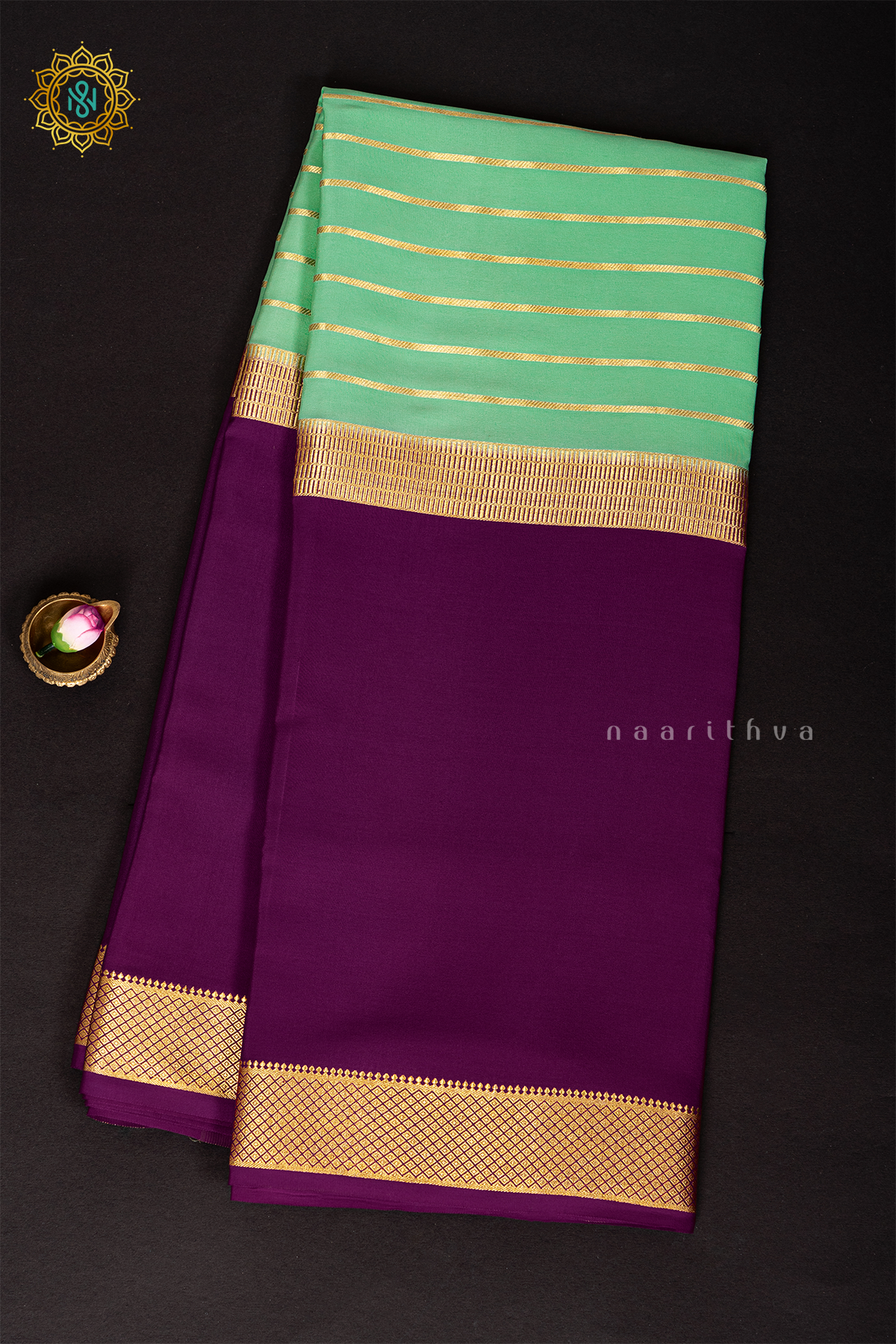 AQUA GREEN WITH MAGENTA - PURE MYSORE CREPE SILK