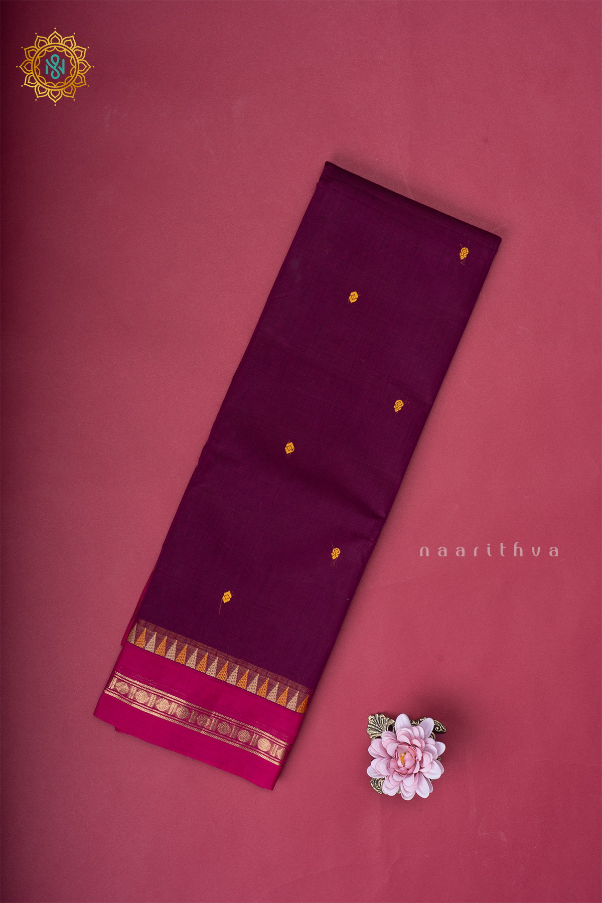 Wine With Pink Chettinad Cotton Saree With Thread Woven Buttas & Contrast Border