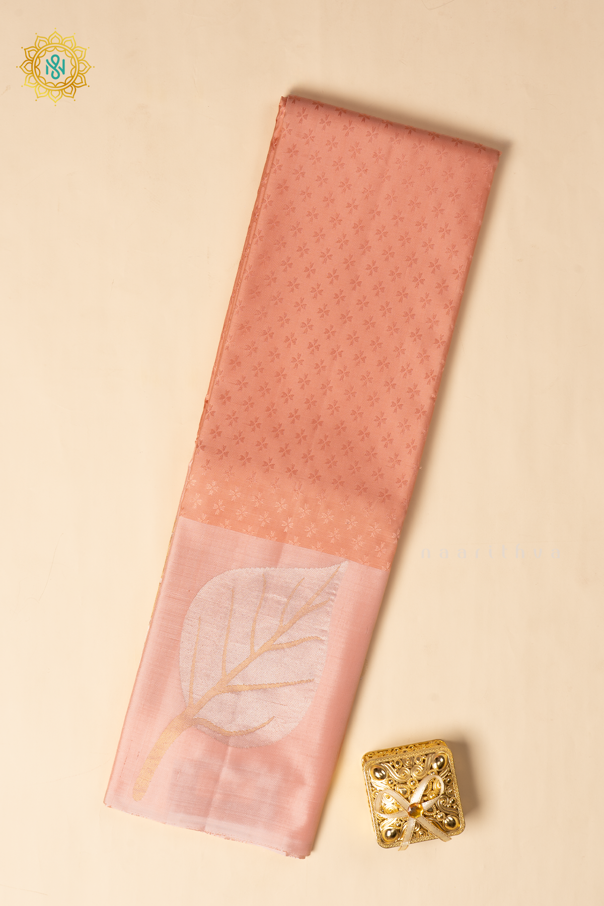Peachish Pink with Light Pink Pure Kanjivaram Silk Saree with Zari Woven Buttas and Zari Border