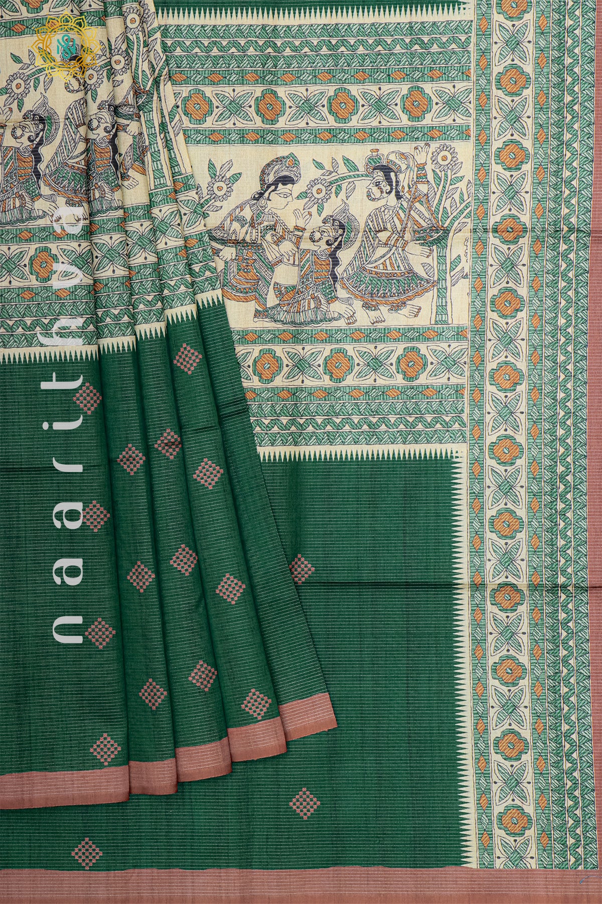 GREEN WITH PEACH - SEMI TUSSAR SILK