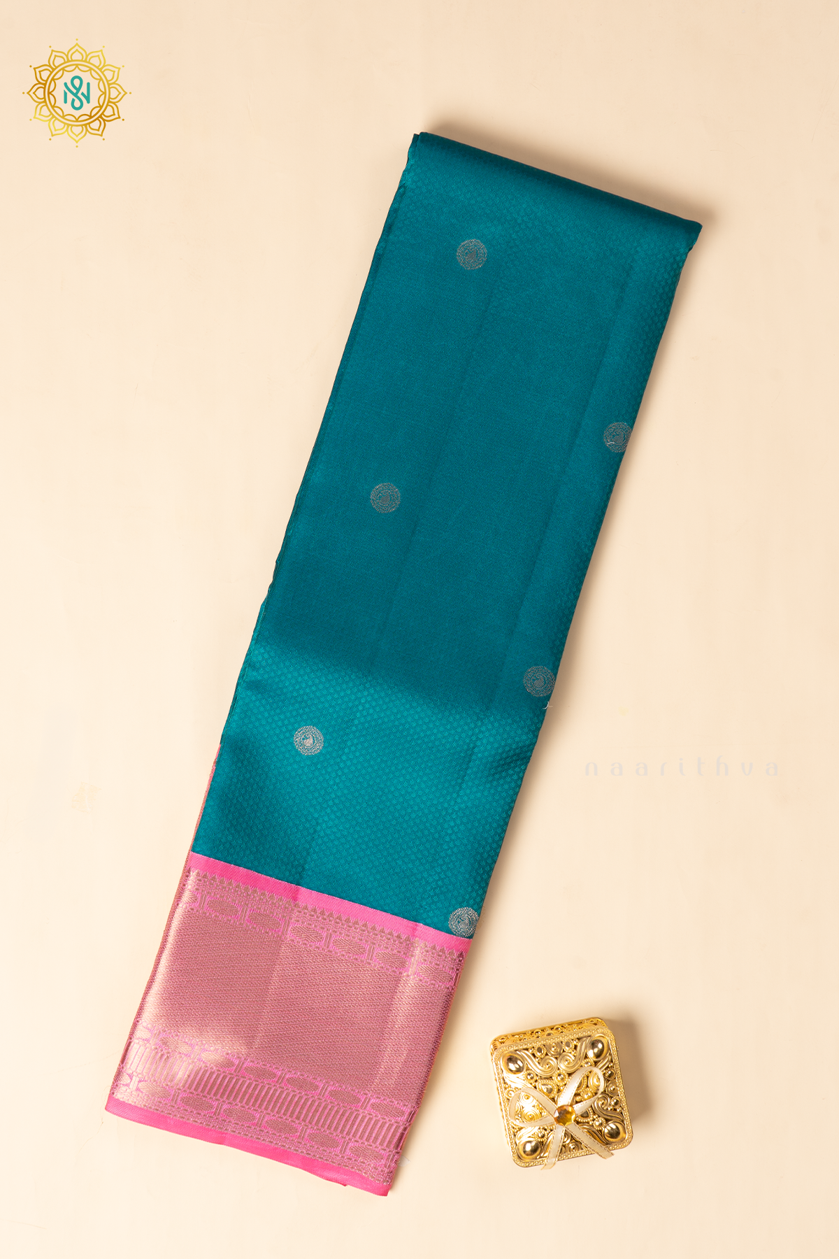 Teal Blue with Light Pink Pure Kanjivaram Silk Saree with Zari Woven Buttas and Contrast Zari Border