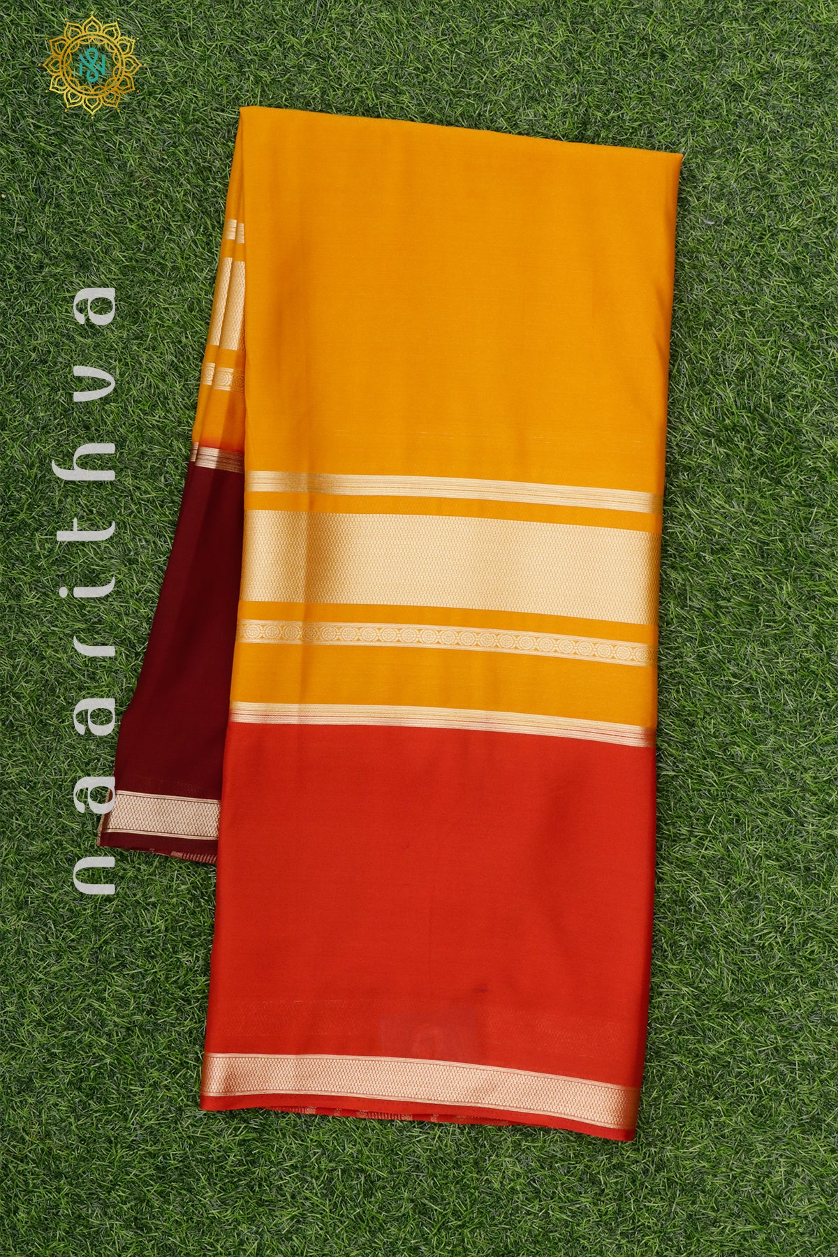 YELLOW WITH RED & BROWN - SEMI MYSORE CREPE SILK