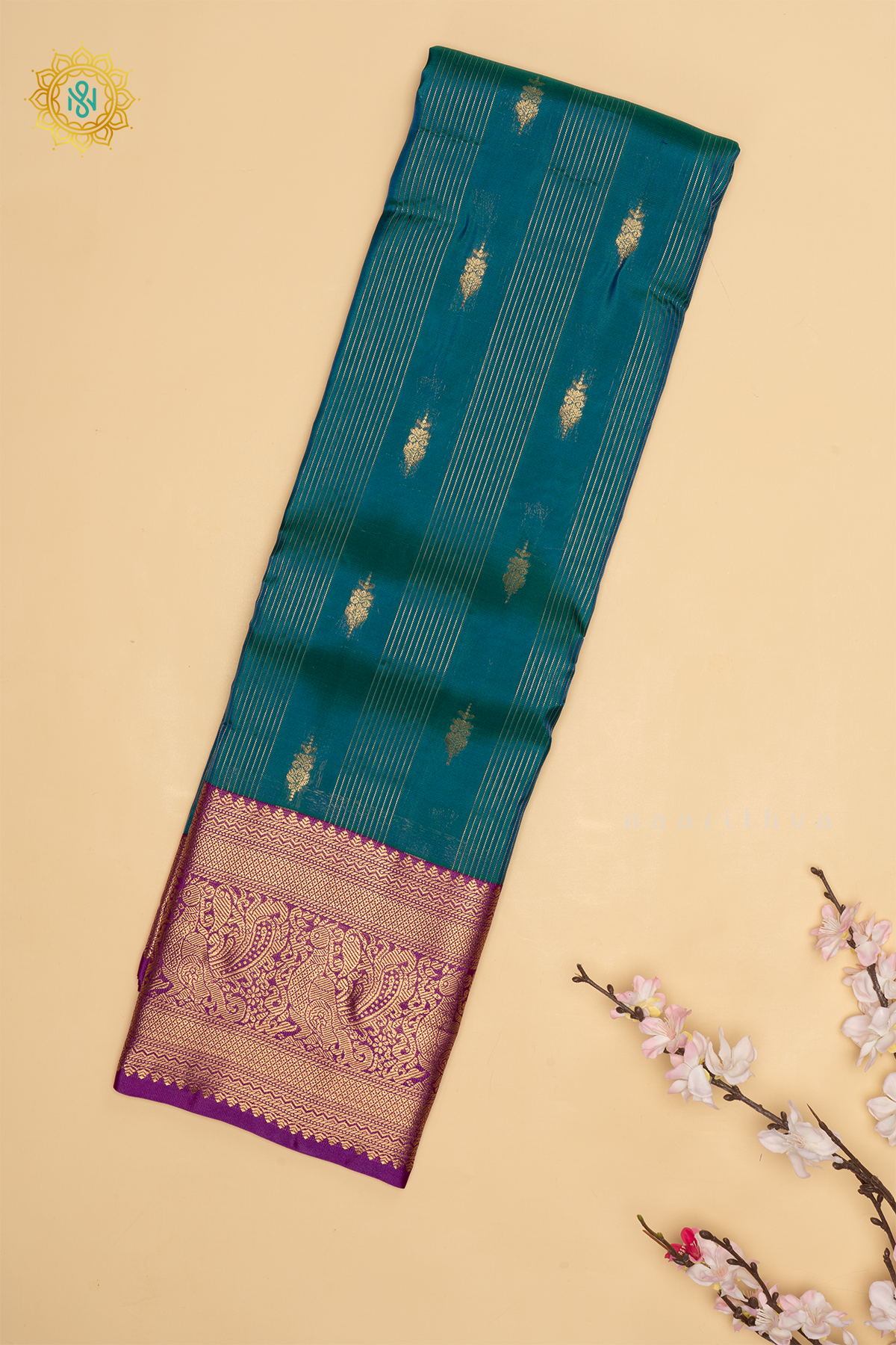 Peacock Blue with Magenta  Pure Mix Kanjivaram Silk Saree with Zari Woven Stripes, Buttas and Zari Woven Contrast Border
