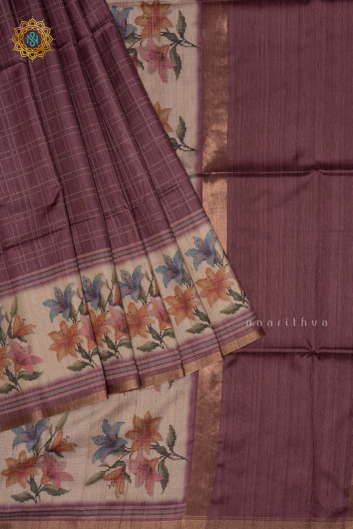 Lavender Semi Tussar Silk Saree With Printed Checks On The  Body And Printed Border