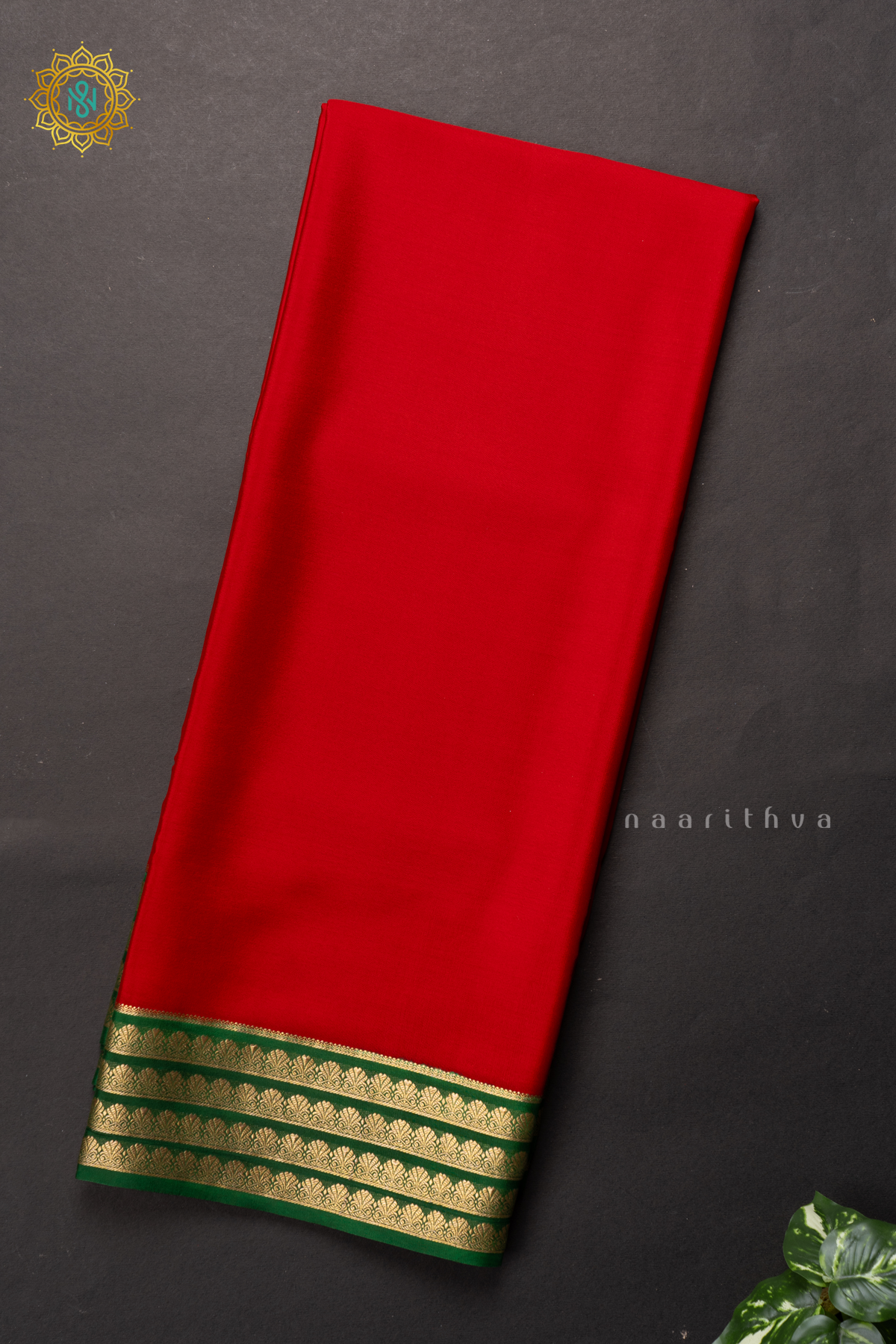 RED WITH GREEN - PURE MYSORE CREPE SILK