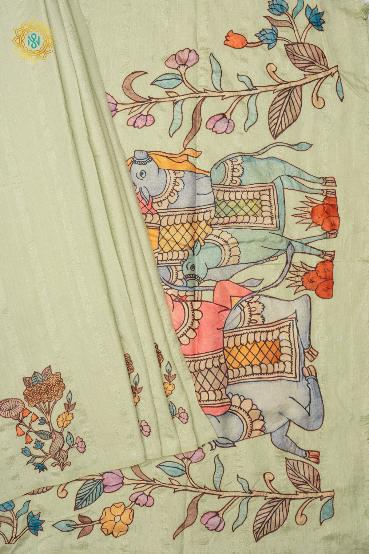 PISTA GREEN - JUTE COTTON WITH APPLIQUE WORK