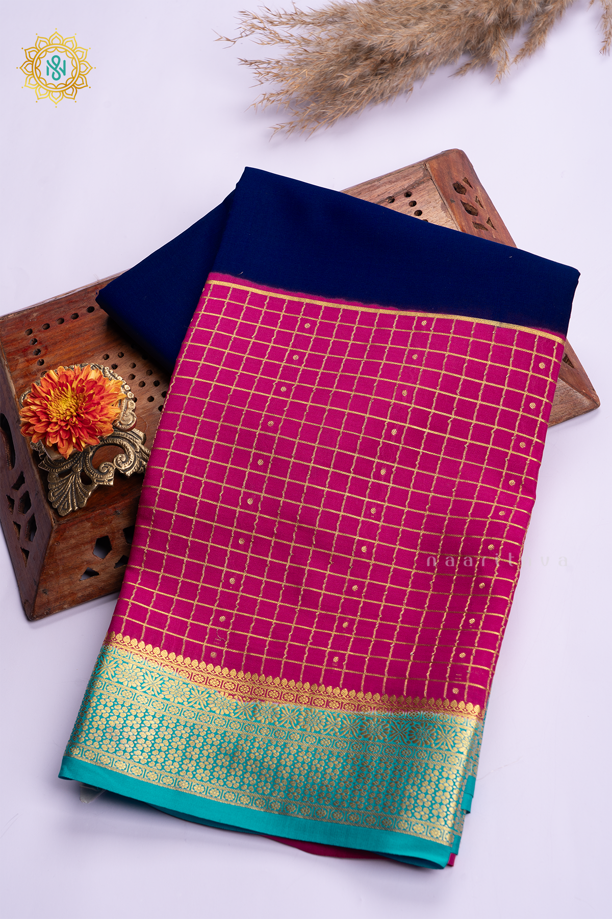 BLUE WITH PINK & SKY BLUE - PURE MYSORE CREPE SILK