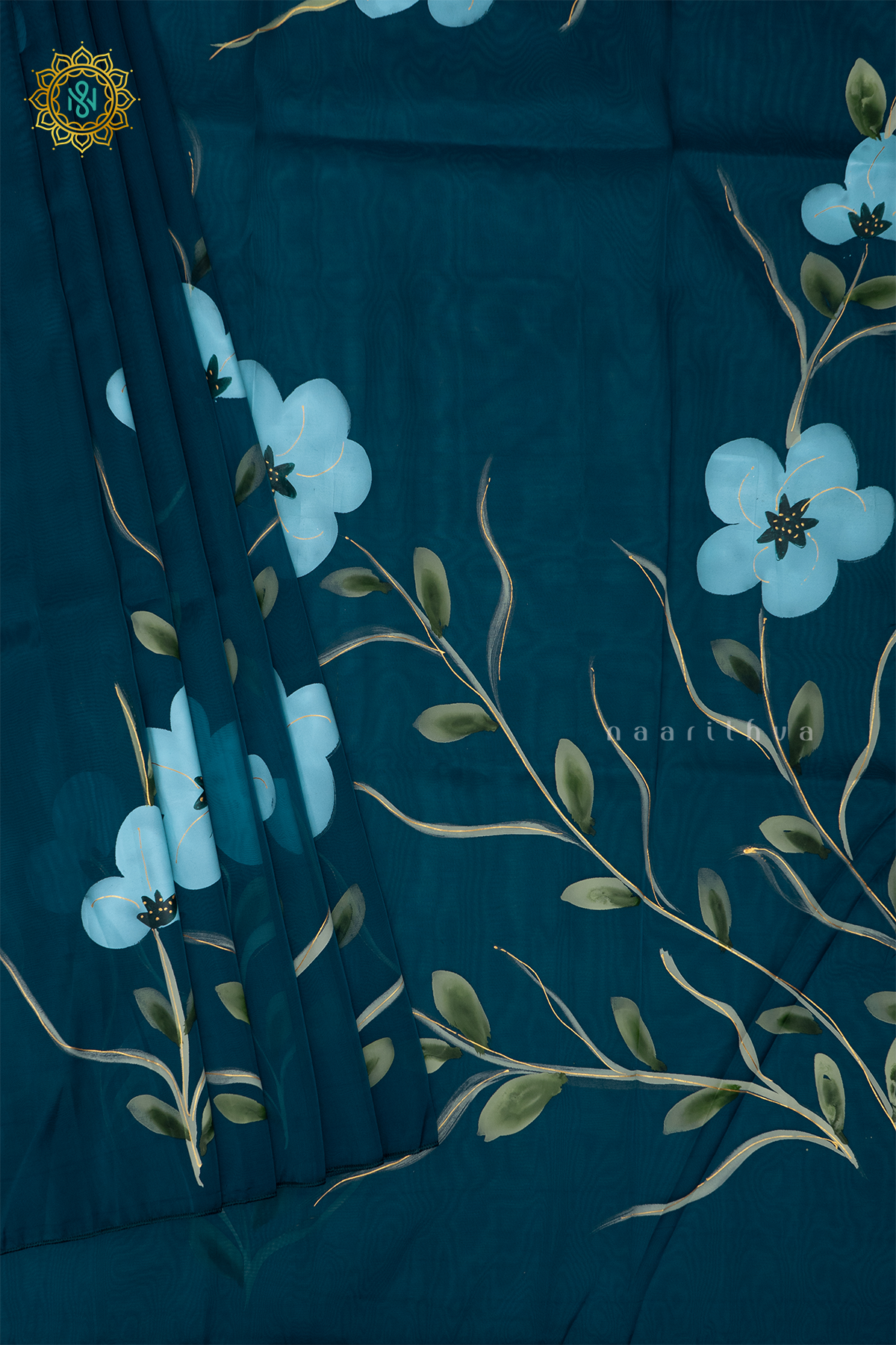 PEACOCK BLUE - ORGANZA HAND PAINTED