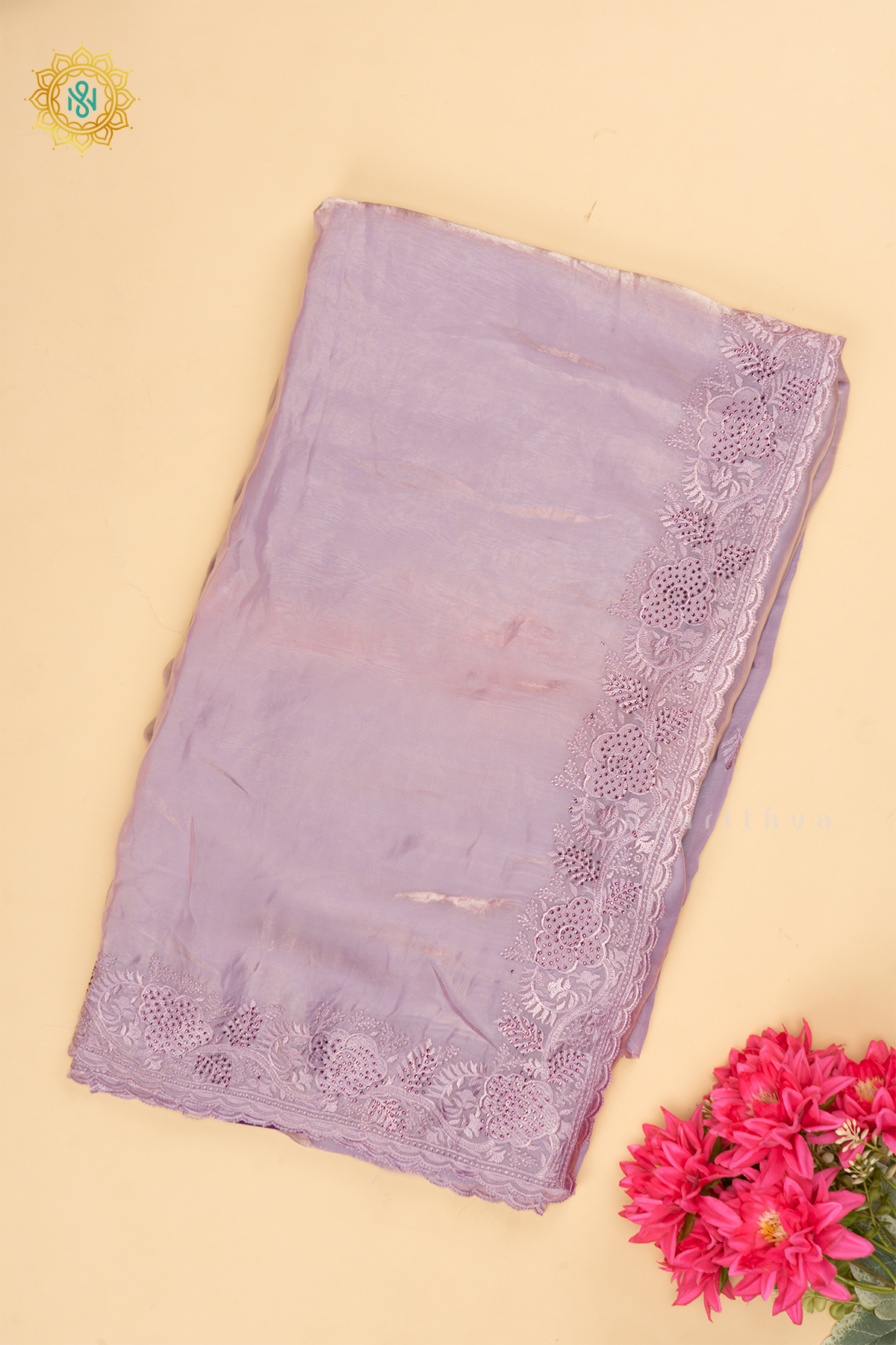 Lavender - Tissue Organza Saree with Allover Plain Body with Thread Work and Stone work border